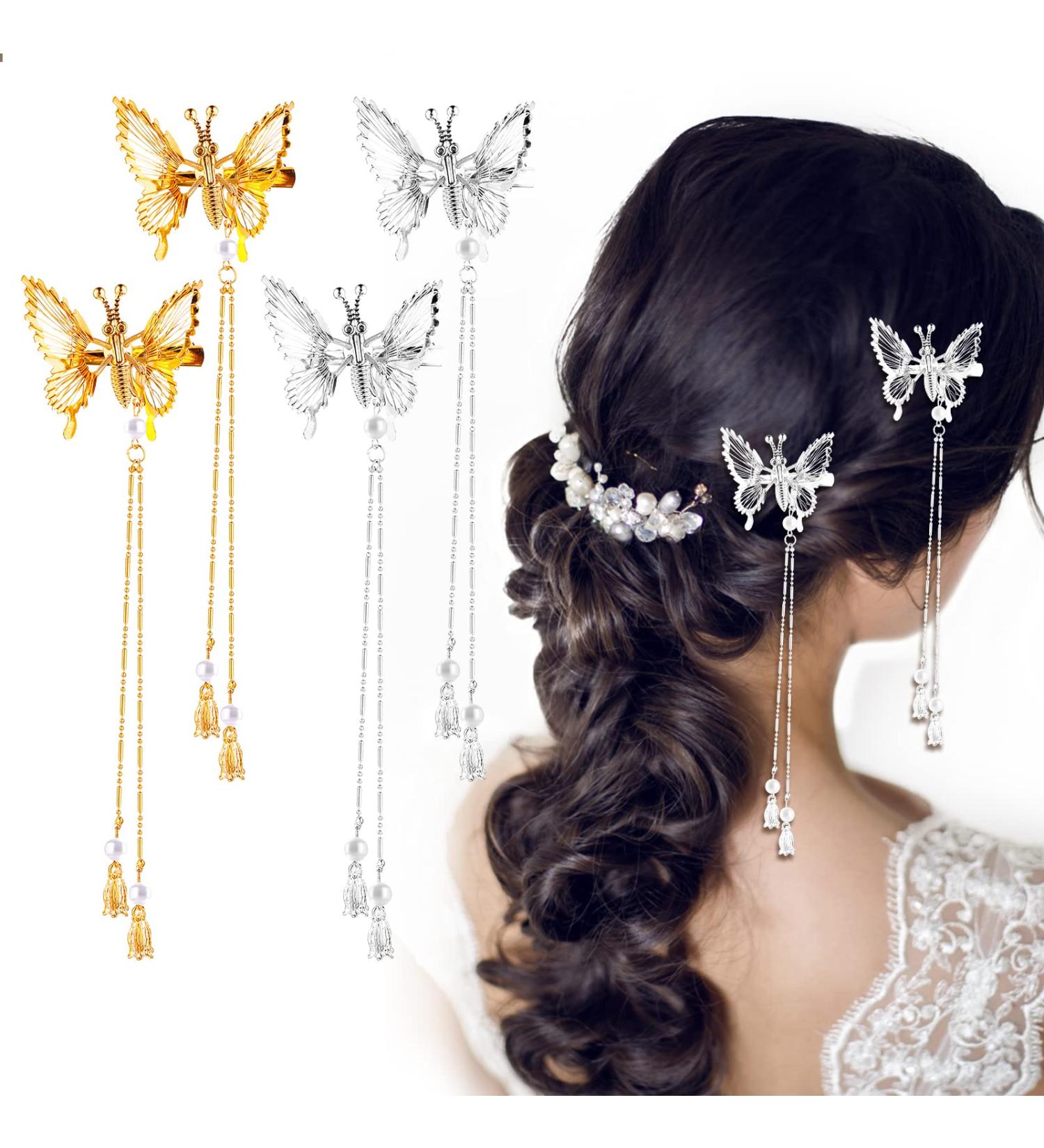 WLLHYF 4Pcs Silver Butterfly Hair Clips with Tassel - Elegant Hair Barrettes for Women, Perfect for Bride Wedding - Head Pieces Hair Accessories - Buy Online on SooperMarket.com