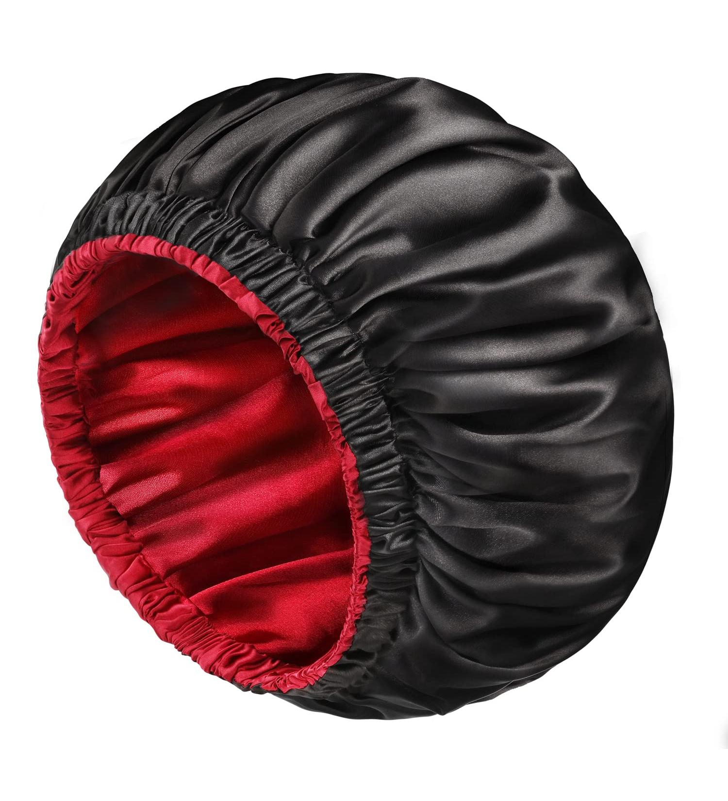 Mikimini Black Satin Bonnet for Curly Hair | Silk Sleep Cap for Women and Men | Reversible Double Layer X-Large Night Cap | Soft Stretchy Hair Care Bonnet (Black+Red) - Buy Online on SooperMarket.com