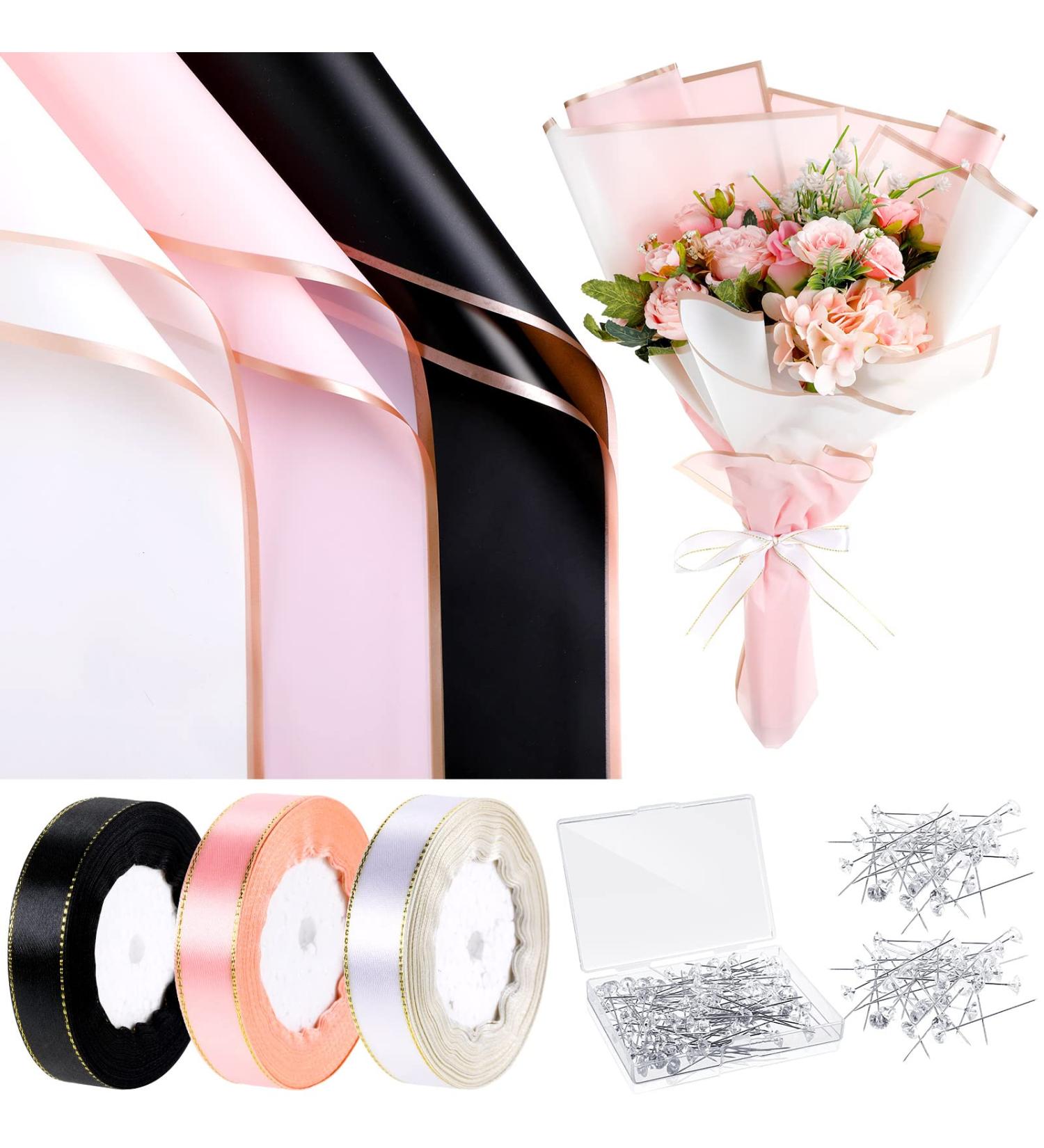 60 Sheets Waterproof Flower Wrapping Paper with Ribbons, Bouquet Pins - Ideal for Mother's Day, Valentine's Day, Weddings - 3 Colors Available - Buy Online on SooperMarket.com