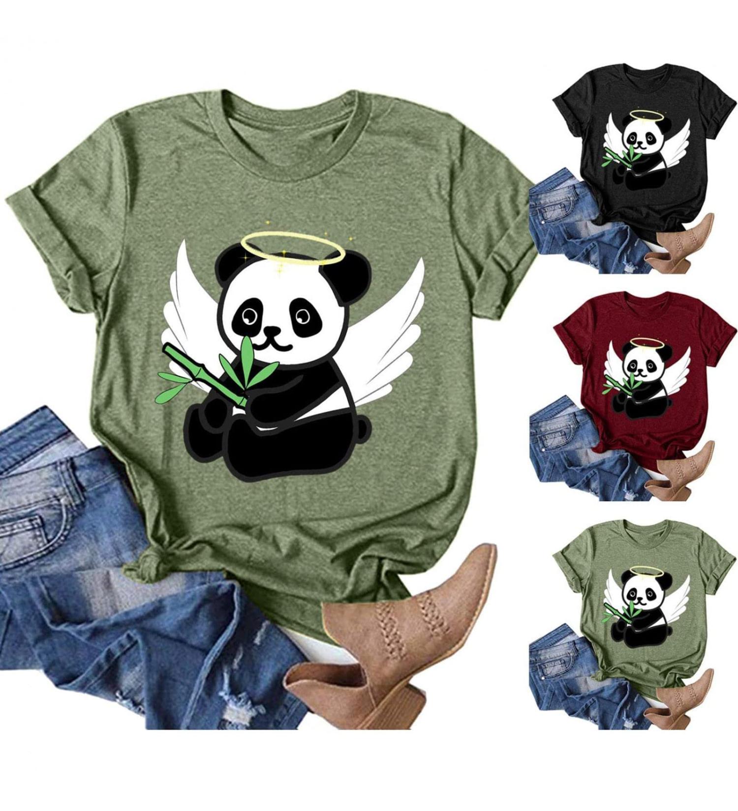 TUNUSKAT Women's Cute Panda Shirt - Summer Animal Print Blouse | Short Sleeve Loose Fit Tops - Medium - Wine - Buy Online on SooperMarket.com