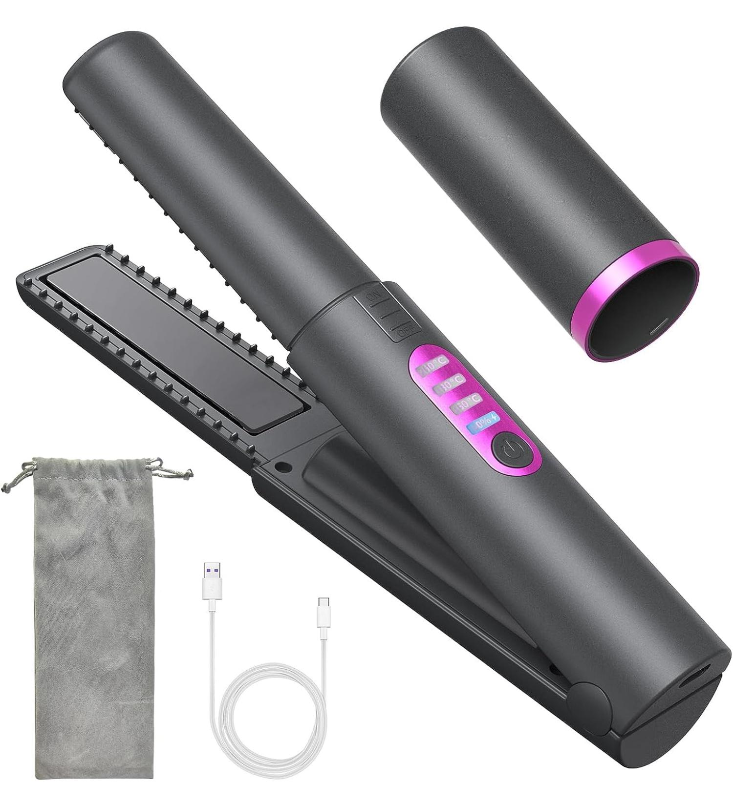 OBEST Cordless Hair Straighteners Curler 2 in 1 Mini Portable Travel Wireless Flat Iron Fast Heat Up Anti-Scald 3-Level Straightener for Swift Smooth and Glossy Hair Type-C Rechargeable (Grey) Gray - Buy Online on SooperMarket.com
