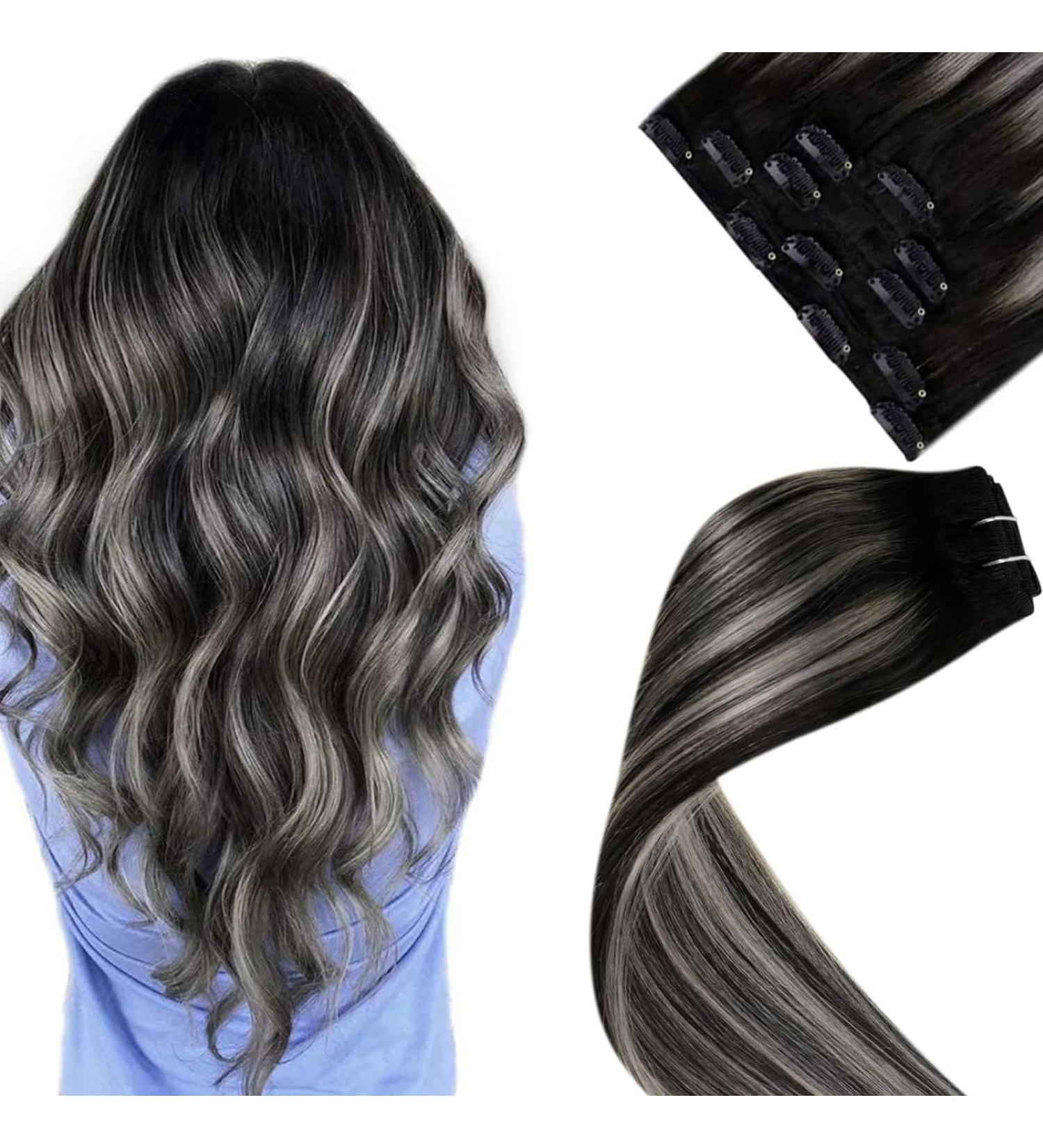 Shop Laavoo Clip-in Extensions | 50cm Ombre Black & Silver Real Hair - 70g Remy Human Hair Extensions - Buy Online on SooperMarket.com
