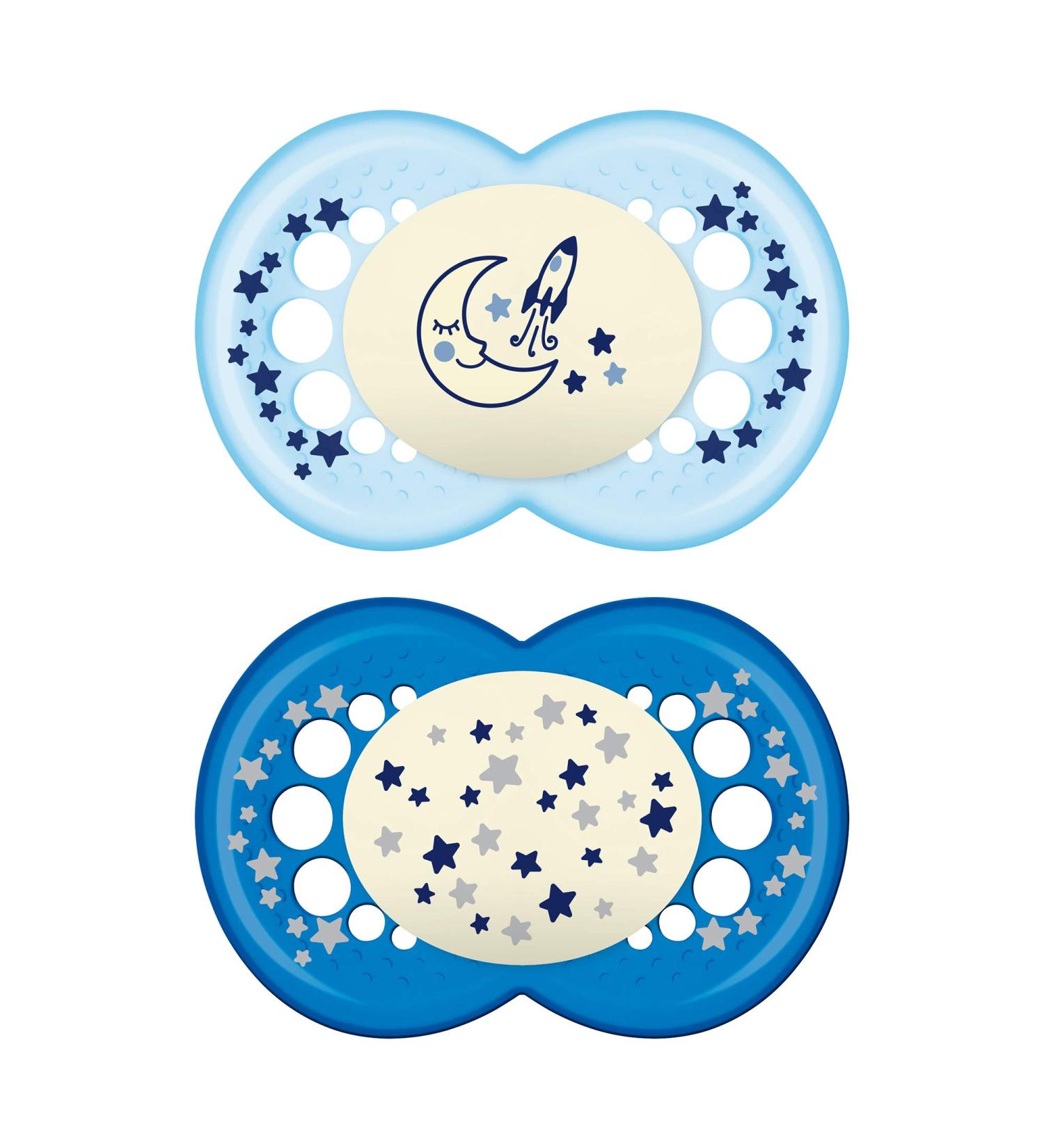 Mam Night Glow in the Dark Silicone Pacifier for Boys 6+ Months - 2-Pack | Mam Baby Products - International Shipping Available - Buy Online on SooperMarket.com