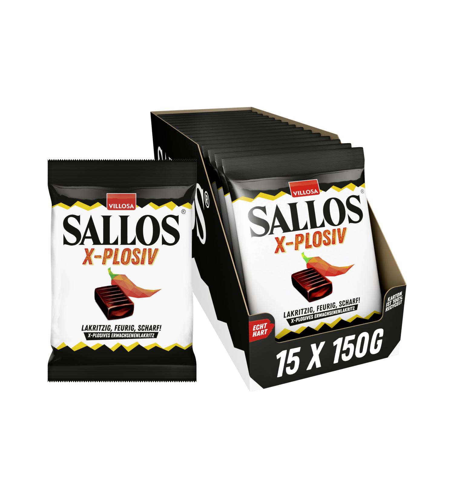 Sallos X-Plosiv Storage Pack - Vegan Sharp Liquorice Candy with Chilli Extract | 15 x 150g | Natural Spicy-Sweet Treats for International Shipping - Buy Online on SooperMarket.com