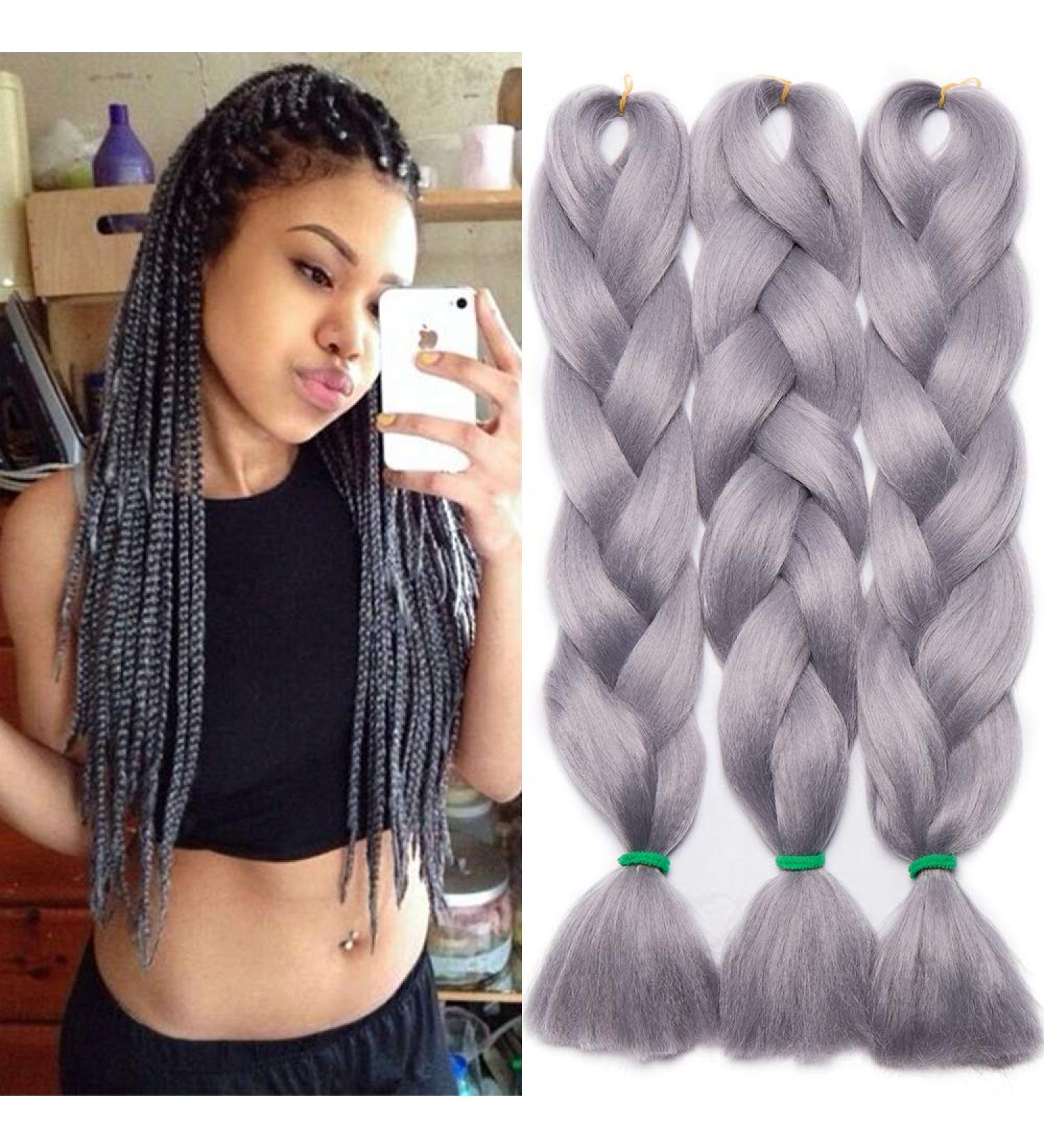 Tess Braids Extensions 60 cm - 3 Pack Jumbo Kanecalon Hair Braids | Silver Gray Box Braids - 100g/Bundle - Buy Online on SooperMarket.com