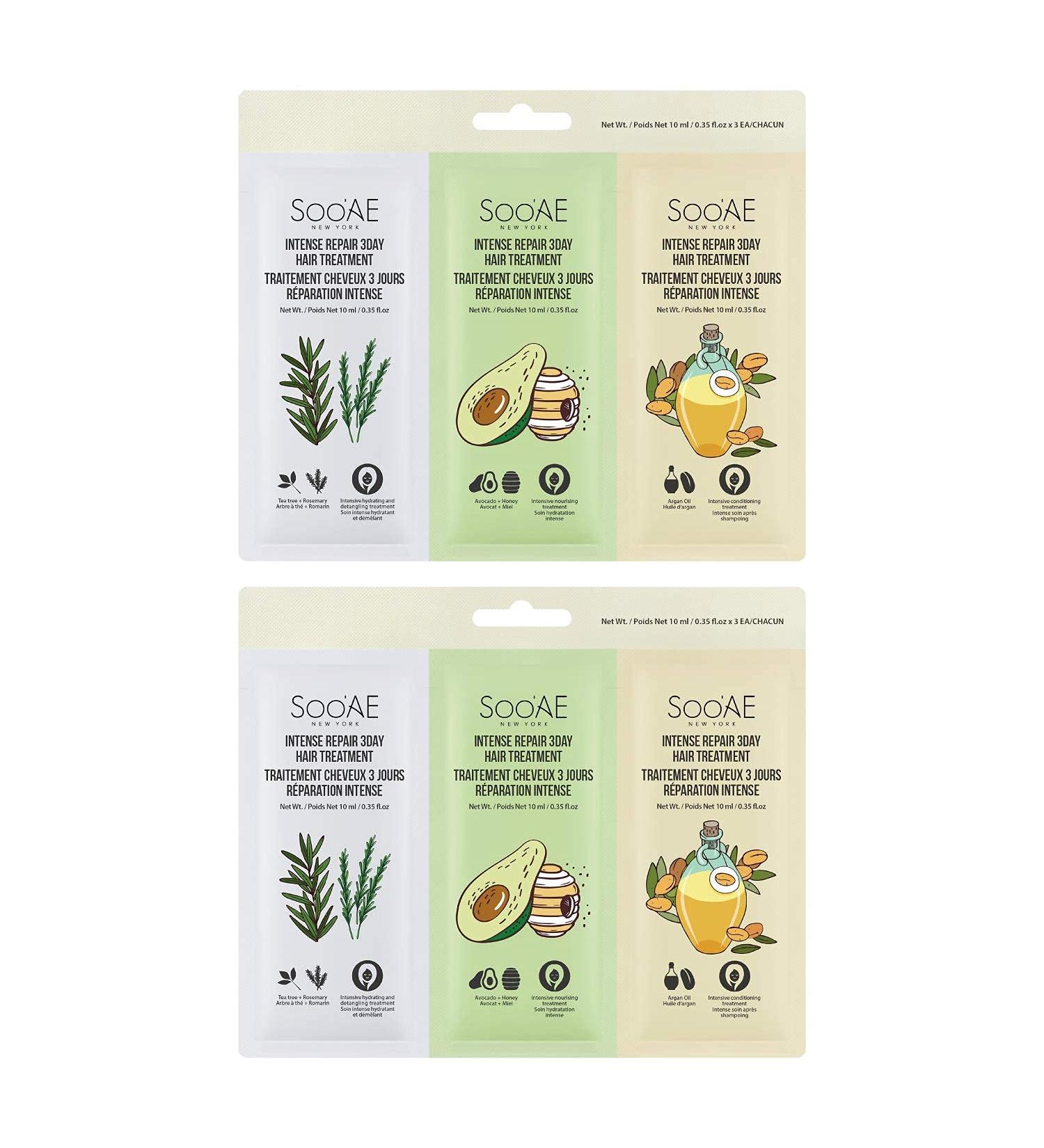 Soo'AE Intense Repair 3Day Hair Treatment | Argan Oil + Honey Avocado + Tea Tree Rosemary (0.35 fl. oz. / 10 ml) x 3 - 2 Count Bundle set