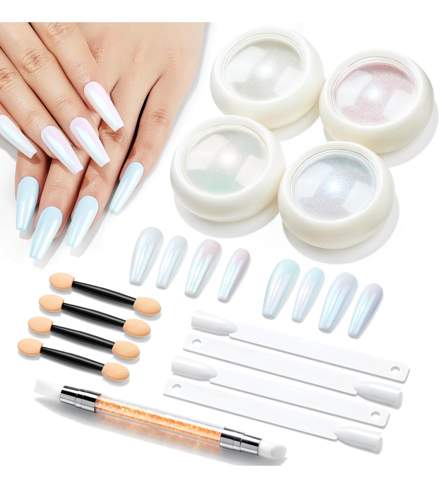 Modelones Chrome Nail Powder Set - White Pearl Effect 4Pcs Powder, Silicone Brush, Cotton Swabs & Color Display Sticks - Buy Online on SooperMarket.com