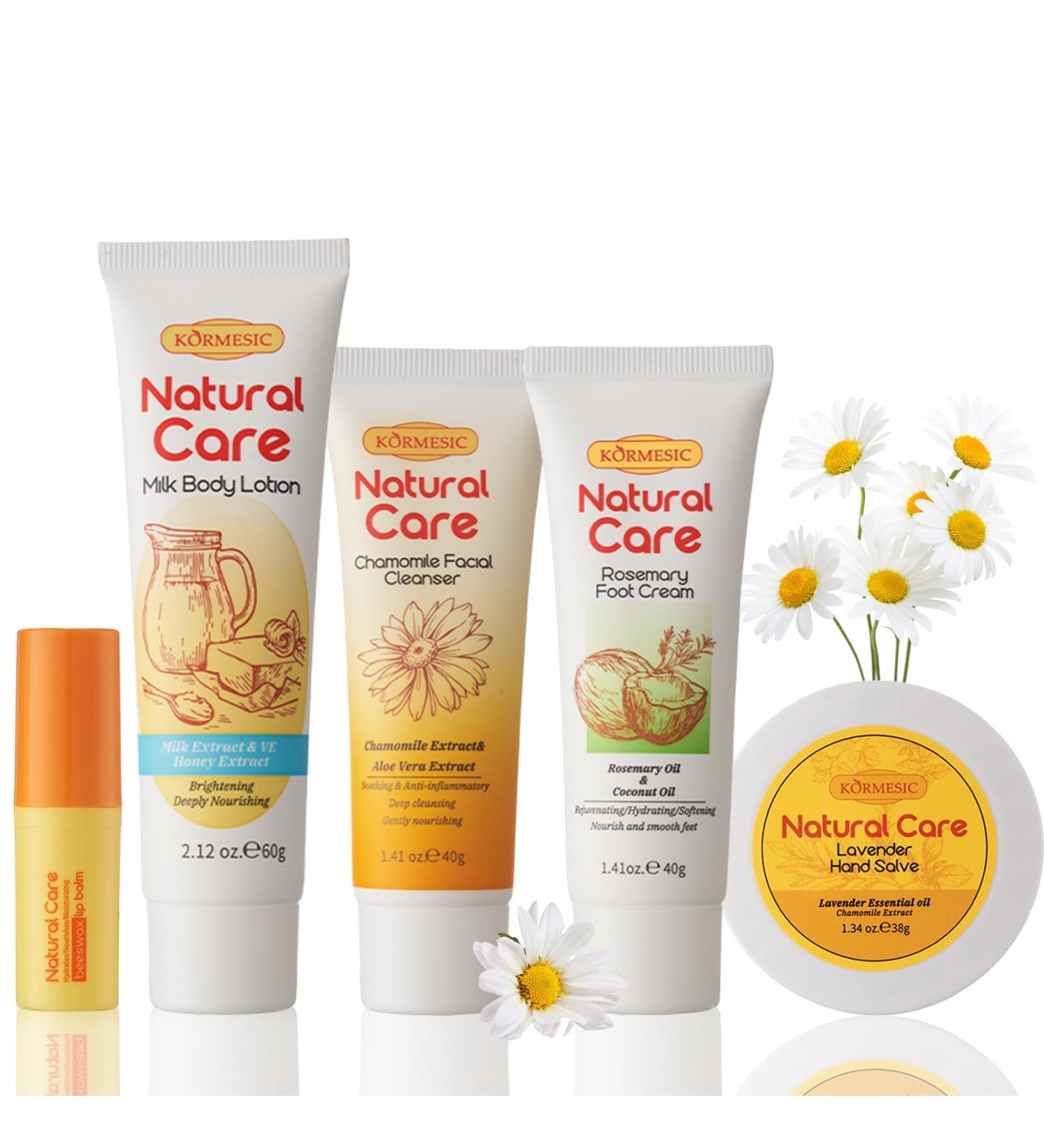 Natural Essence Skin Care Set - Daily Moisturizing Essentials | Beeswax Lip Balm Coconut Foot Cream Milk Lotion Chamomile Cleanser Lavender Salve | International Shipping - Buy Online on SooperMarket.com