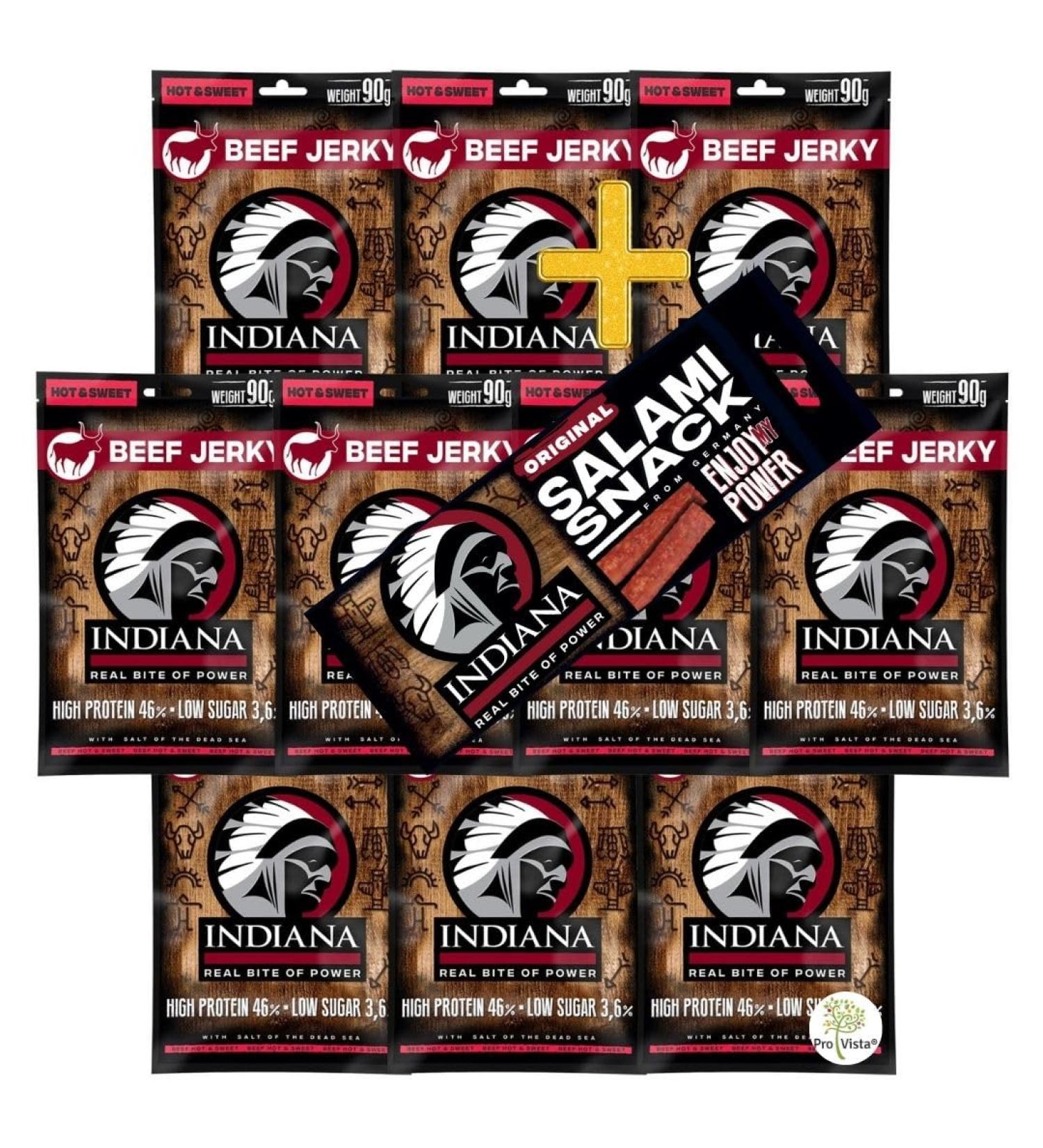 Indiana Beef Jerky - High Protein Dried Meat Snack | No Added Sugar Hot & Sweet Salami Flavor (18g 10 x 90g) - Shop Internationally - Buy Online on SooperMarket.com