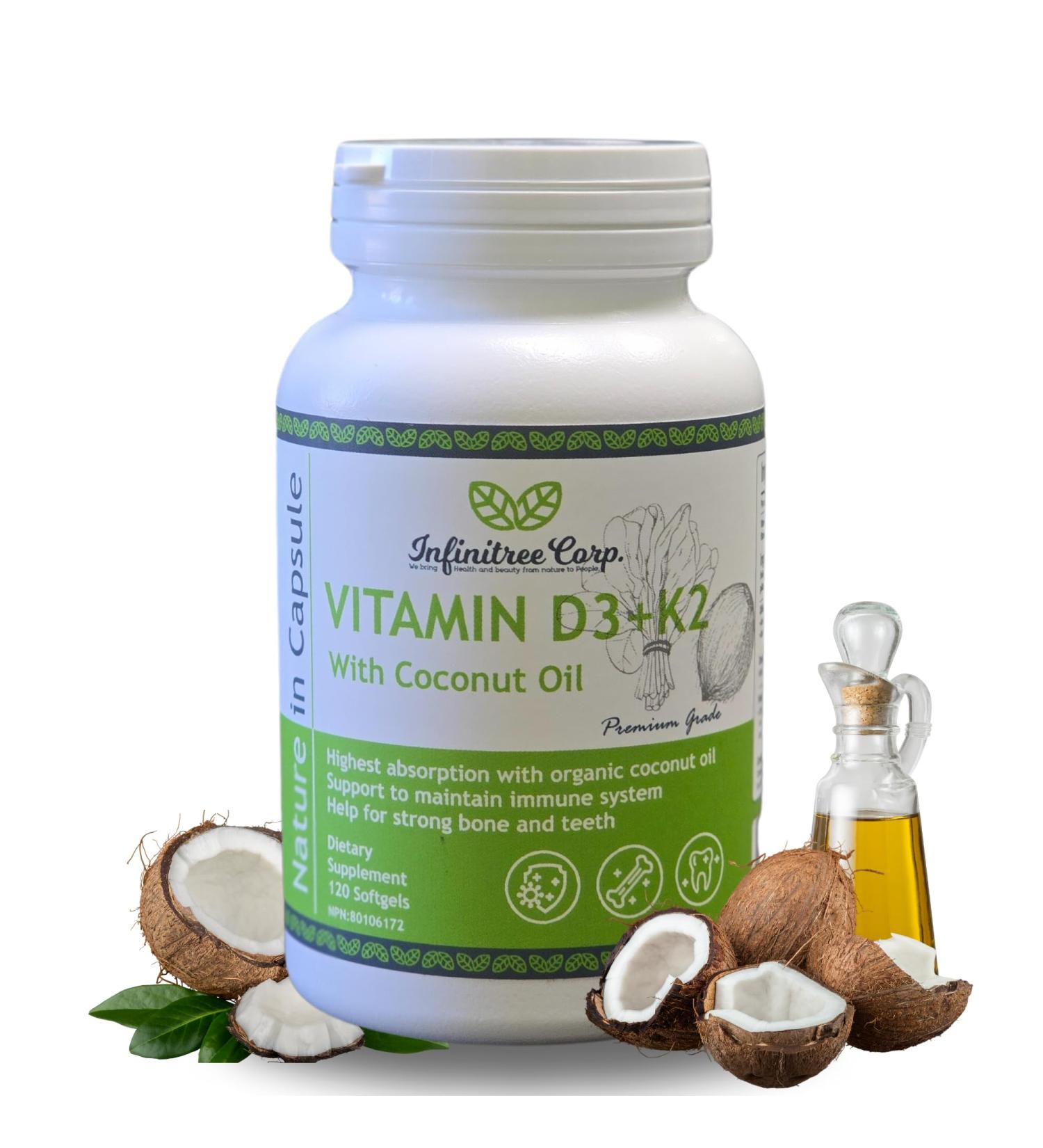 Infinitree Vitamin D3 (1000iu) + K2 (MK-7 / 120mcg) with Virgin Coconut Oil - 120 Softgels Immune Support Bone & Teeth Health High Absorption Made in Canada - Buy Online on SooperMarket.com