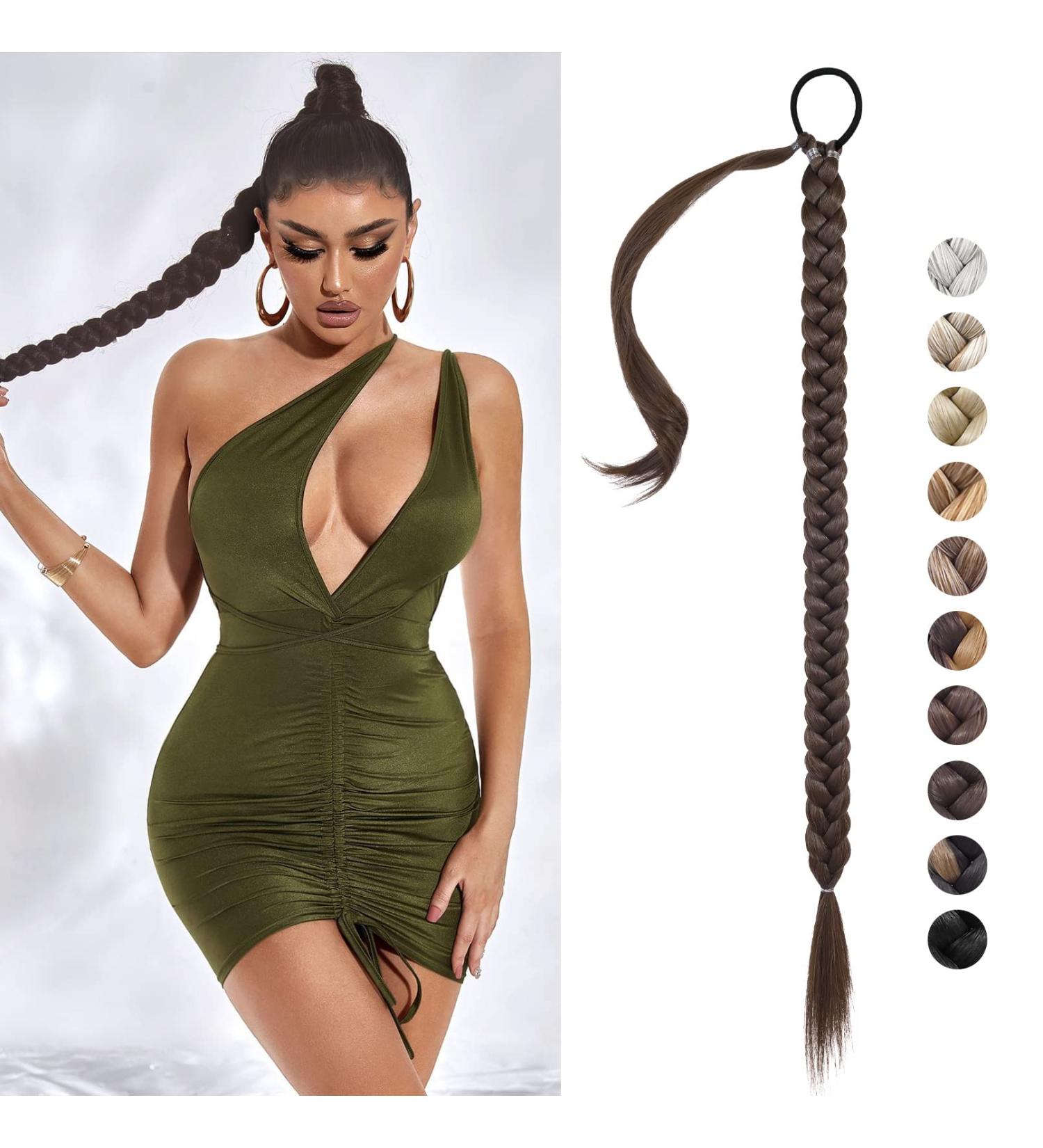 REECHO DIY Braid Ponytail Extension | Long Straight Synthetic Hair Wrap Around Ponytail in Dark Chocolate Brown - 34Inch | For Women -150g - Buy Online on SooperMarket.com