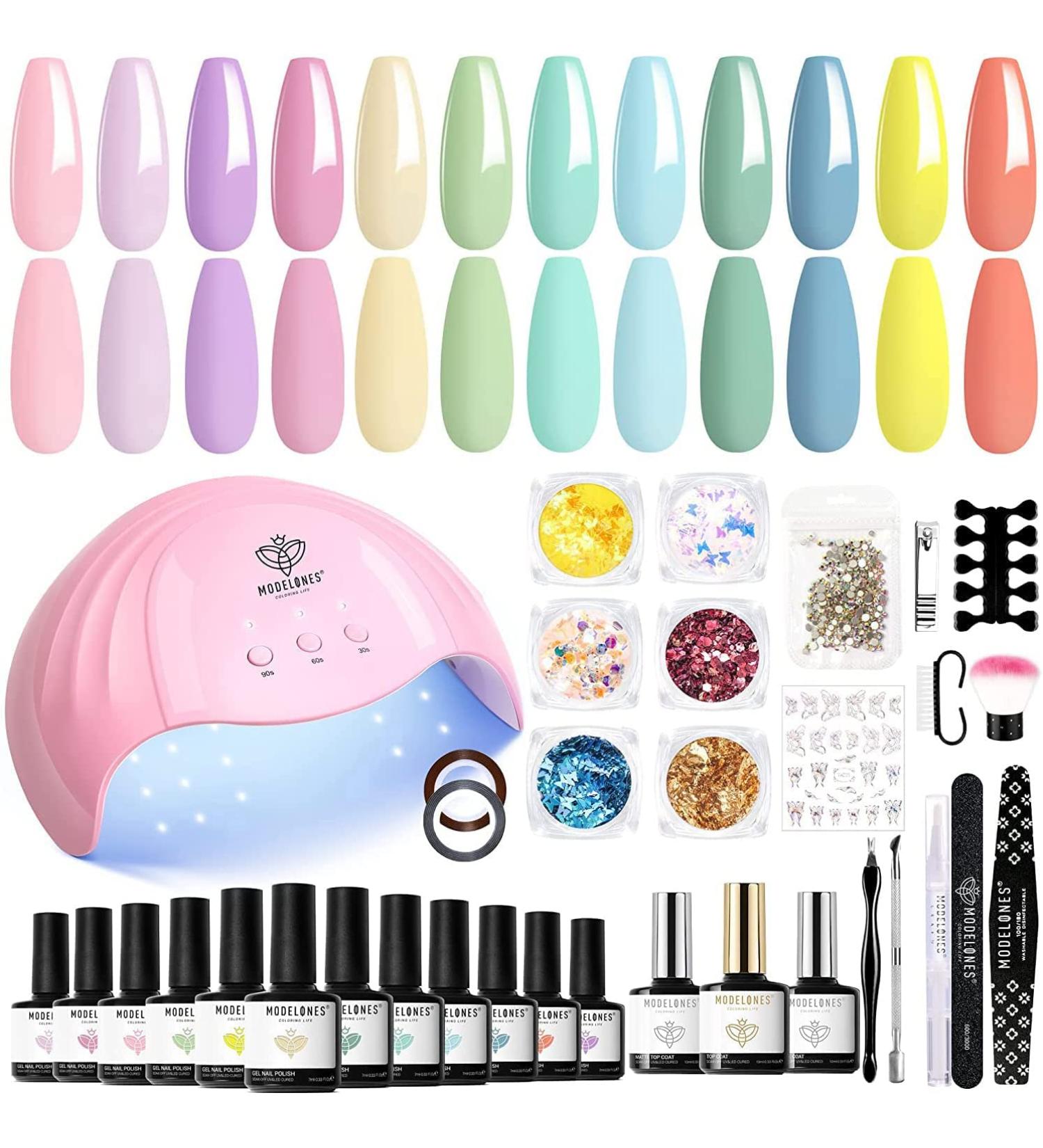 Modelones Gel Nail Kit - 12 Colors Pink Polish Set with 48W Lamp & Top Coats - Buy Online on SooperMarket.com