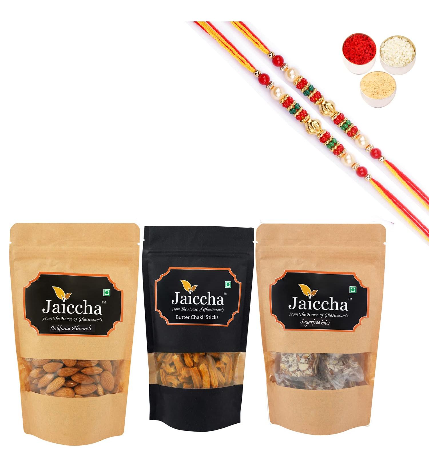 Ghasitaram Gifts Rakhi Gifts for Brothers Rakhi Sweets - Best of 3 Suagrfree Bites 200 GMS Butter Chakli Sticks 100 GMS Pouch and Almonds 100 GMS Pouch with 2 Pearl Beads Rakhis - Buy Online on SooperMarket.com
