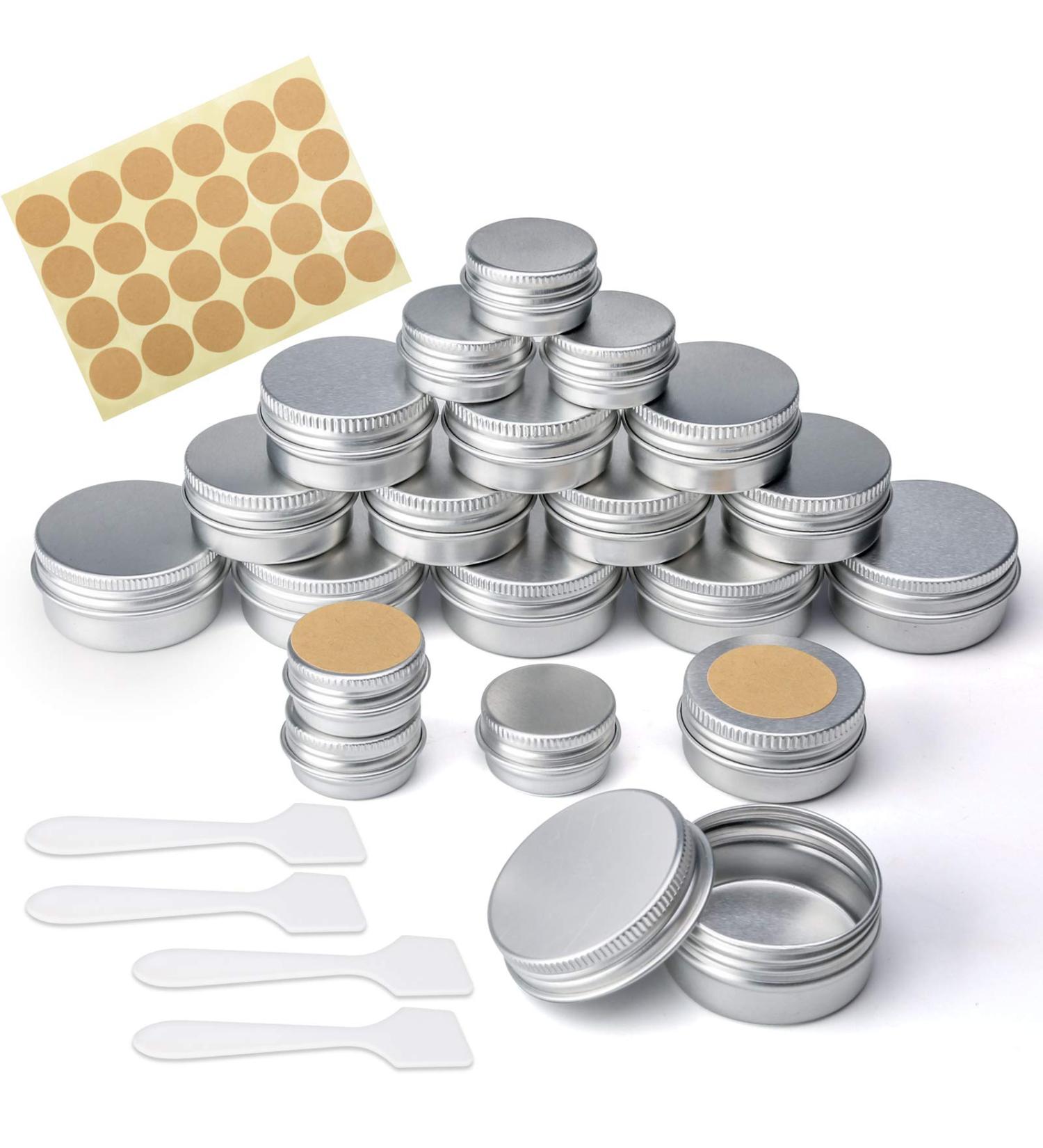 20 Pcs Empty Cosmetics Container Pots 3 Sizes Aluminium Tin Jars with Screw Lids Labels and Mini Spatula Sample Pots for Lip Balm Candle Making Cream Sample Powder Cosmetics (20ml 10ml 5ml) - Buy Online on SooperMarket.com