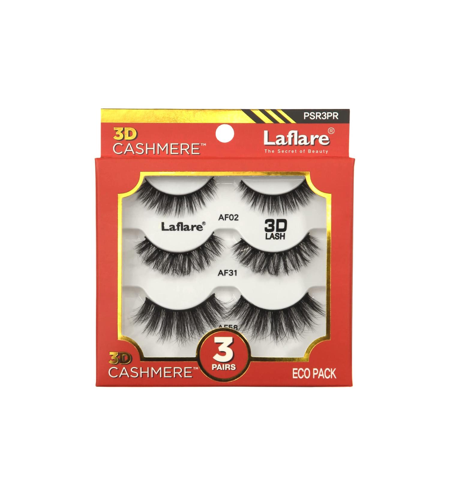 Laflare 3D Cashmere False Eyelashes 3 pcs Multipack Ultra Soft Glam Wispy Fresh Luxurious Cruelty-Free Reusable 100% Cashmere Texture Fake Eyelashes 3 Pairs Eco Pack (PSR3PR)