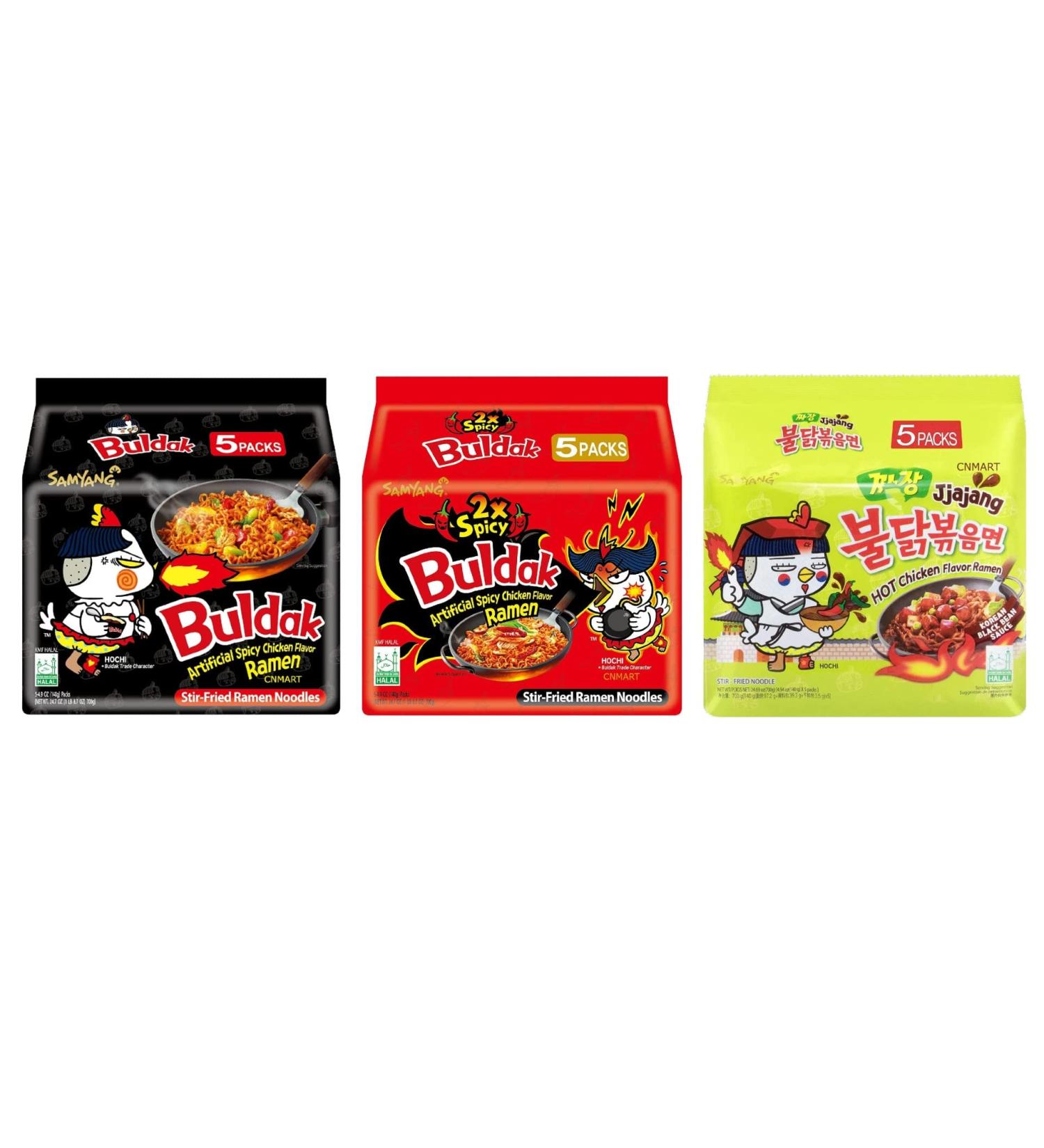CNMART Samyang Halal Instant Ramen Noodles Variety Pack - Hot Chicken (140g 5 Packs) 2x Spicy (140g 5 Packs) Jjajang (140g 5 Packs) - Buy Online on SooperMarket.com
