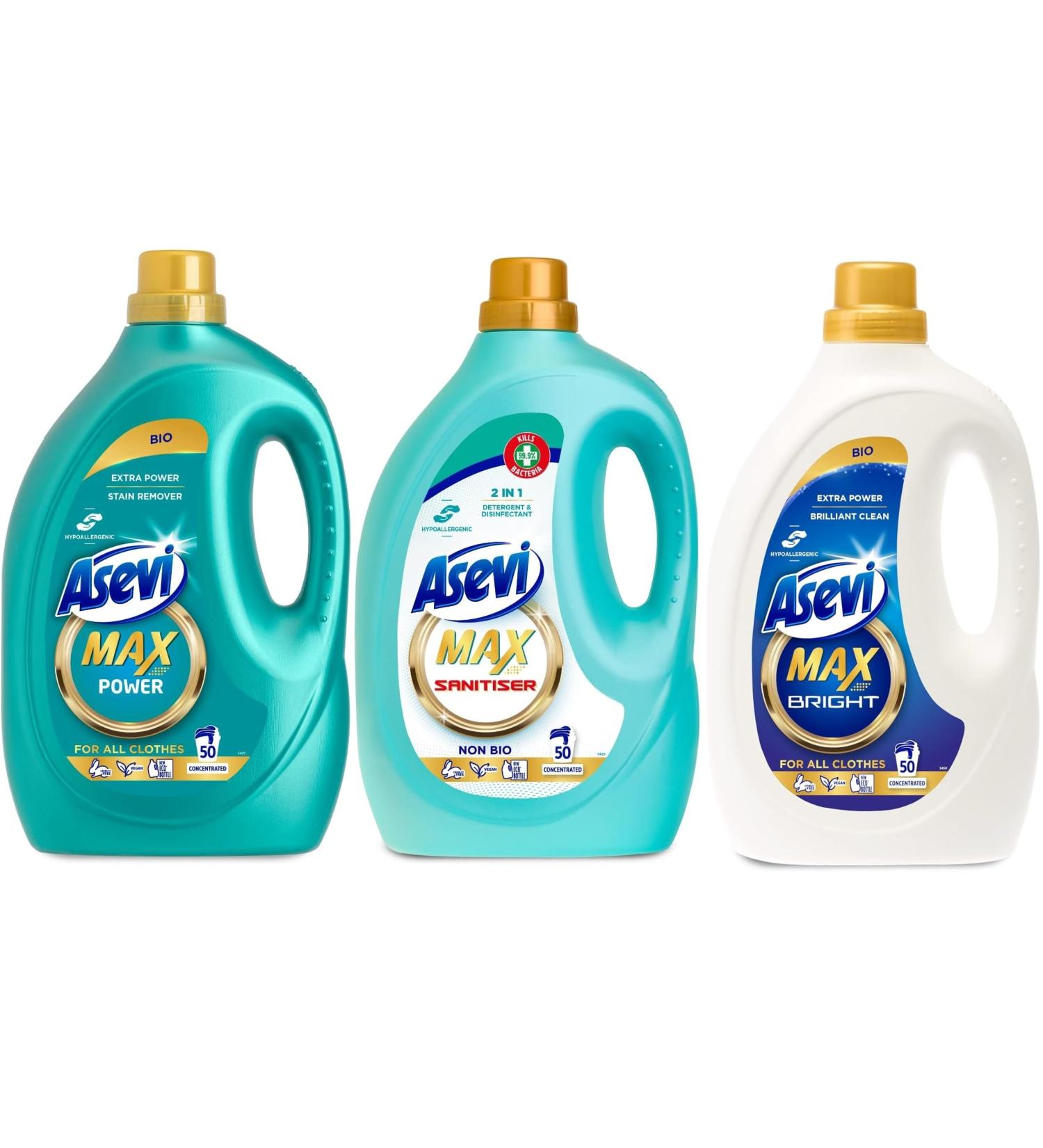 Asevi Max Bundle (3 x 50w) Hypoallergenic Bio Laundry Detergent Concentrated Liquid Laundry Cleanser | Bright Power Sanitiser - Buy Online on SooperMarket.com