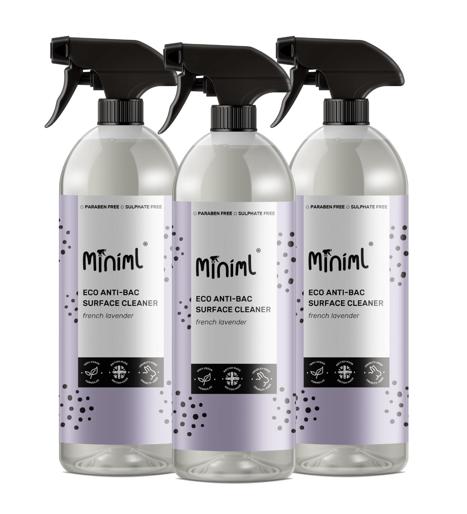 Miniml Eco Antibacterial Spray Surface Cleaner 3 x 750ml - French Lavender Scented Multi Purpose Anti-Bac Disinfectant Cleaning Product - Natural Plant Based Vegan Formula & Cruelty Free - Buy Online on SooperMarket.com