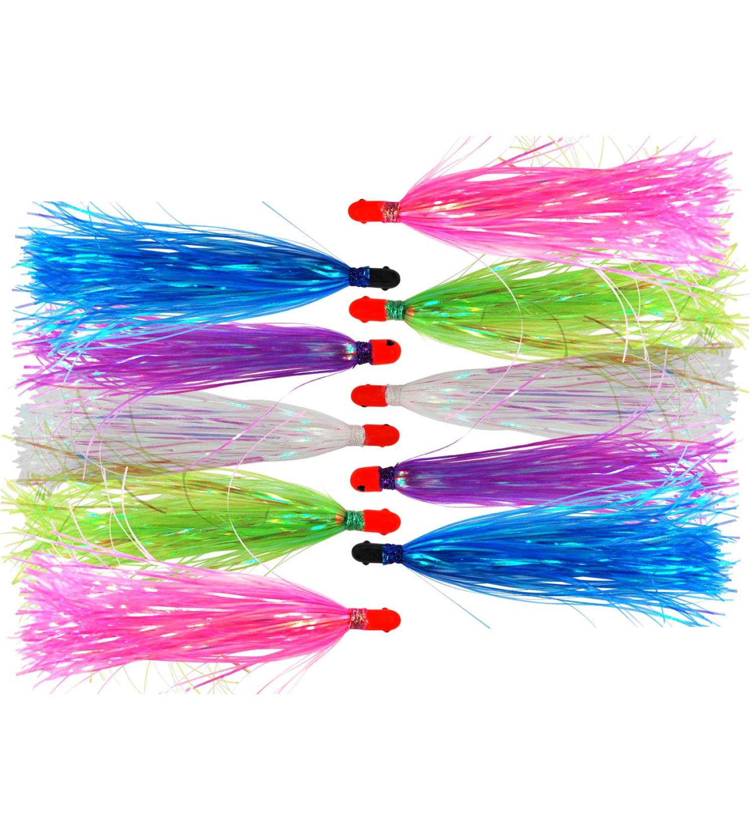 Fishing Jig Head Mylar Flash Teaser Tail Saltwater Lure Mix 10pcs - 0.34oz Sliding Weight Head Skirt Teaser in 5 Colors - Buy Online on SooperMarket.com
