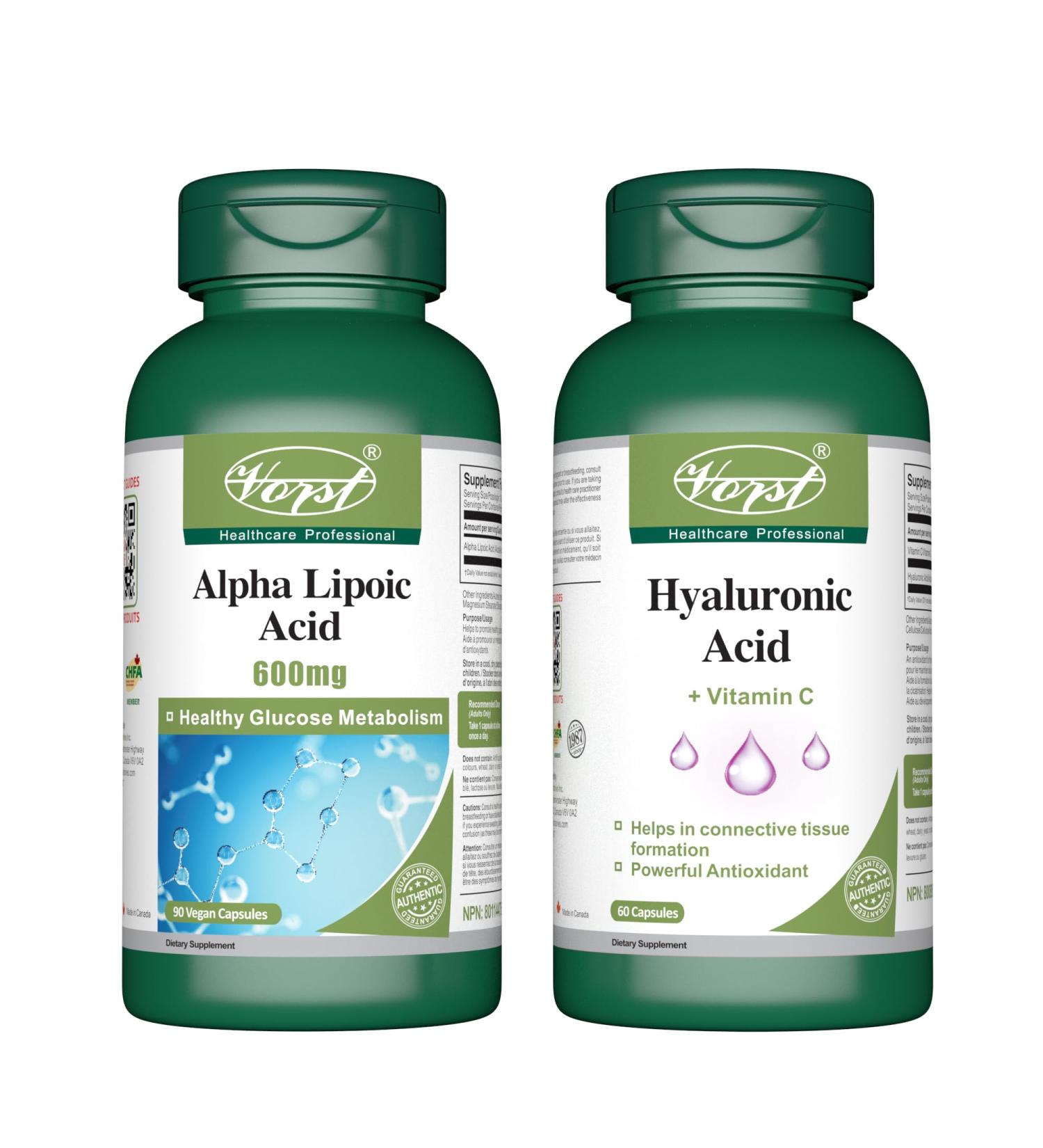 VORST Alpha Lipoic Acid 600mg 90 Vegan Capsules & Hyaluronic Acid with Vitamin C 60 Capsules (Combo Bundle 2 Bottles) - Buy Online on SooperMarket.com