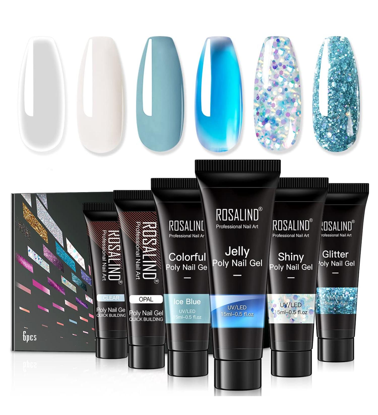 ROSALIND Blue Poly Nail Gel Set - 6 PCS Nail Extensions Gel, Clear Glitter Jelly Poly Nails, White Blue Sparkle Art - 15ML - Buy Online on SooperMarket.com