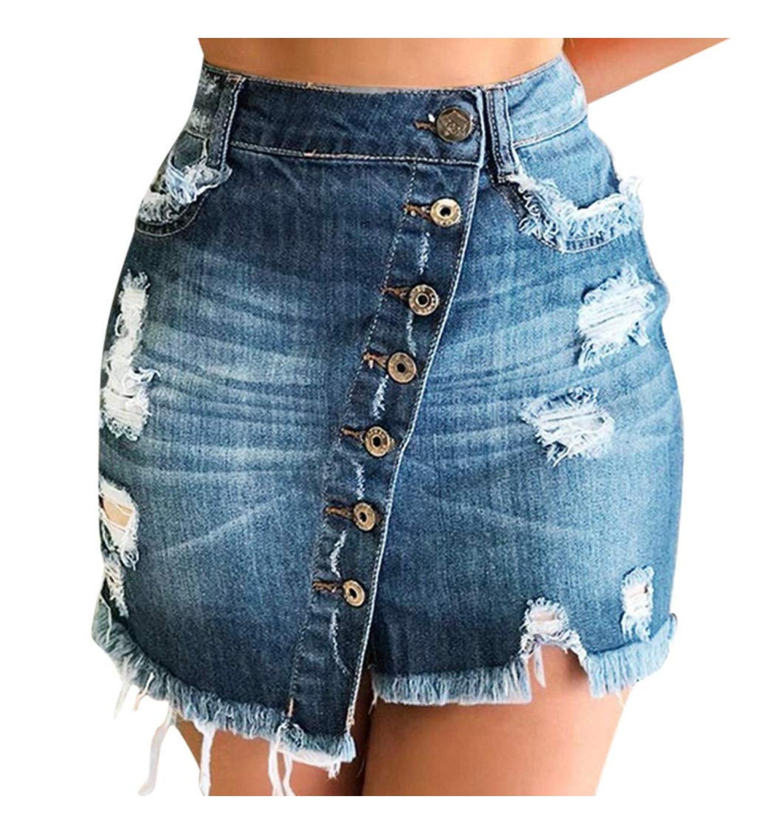 Sanahy Women's Frayed Dark Washed Mini Denim Pencil Skirt | Button Front Asymmetrical Distressed Jean Short Skirt in Dark Blue - Buy Online on SooperMarket.com
