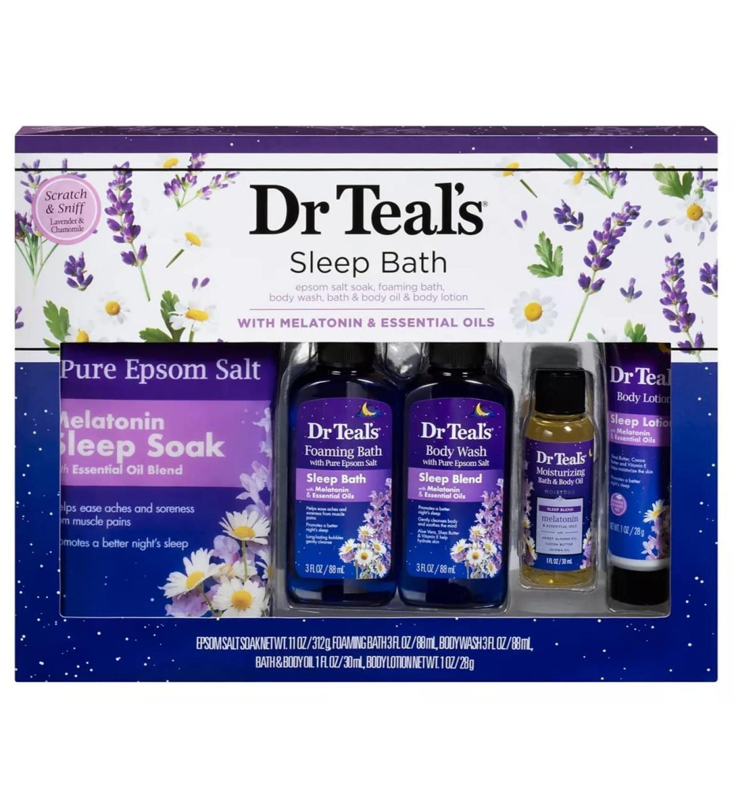 Dr. Teal's Melatonin 5-Piece Bath Gift Set - Better Sleep with 11oz Sleep Soak, 3oz Bath, Body Wash, Oil & Lotion - Mother's Day Spa Kit - Buy Online on SooperMarket.com