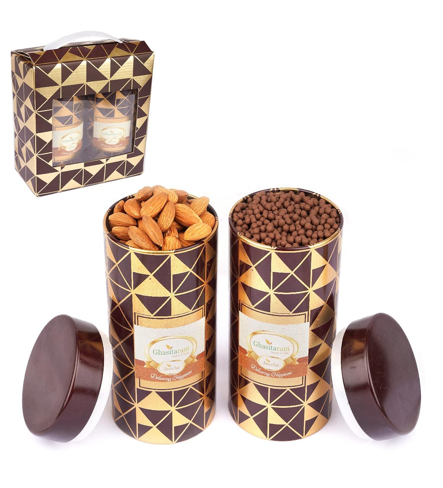 Jaiccha Ghasitaram Dryfruits Hamper-Box 2 Tin Jars of Almonds and Choco Coated Rice Crispies |Gift for Diwali Holi Rakhi Valentine Christmas Birthday Anniversary Her Him| - Buy Online on SooperMarket.com