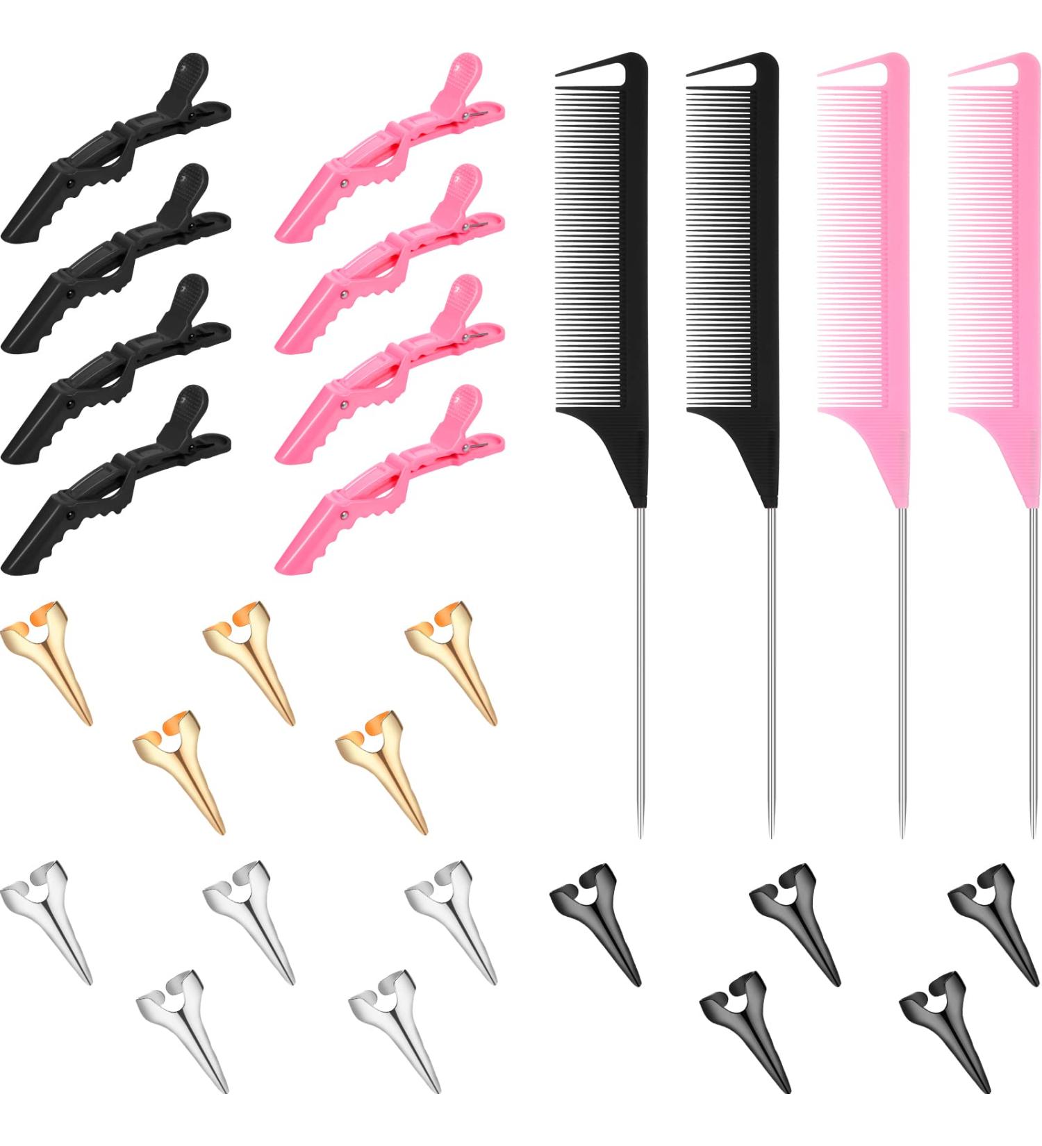 27 Pieces Hair Braiding Set - Parting Ring, Pintail Comb, Wide Teeth Clip (Pink/Black) - Buy Online on SooperMarket.com