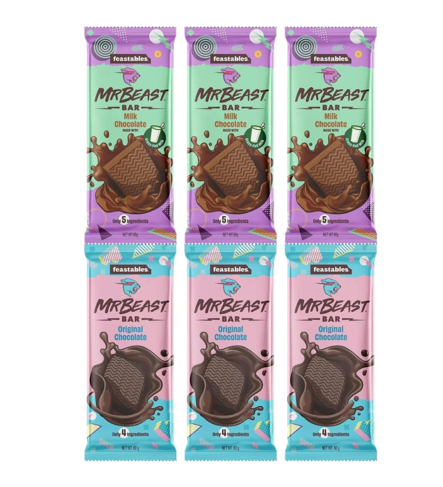 Chocolates Bundle With Feastables Milk Chocolate Bar 60g x3 & Feastables Original Chocolate Bar 60g x3 (6 Pack)
