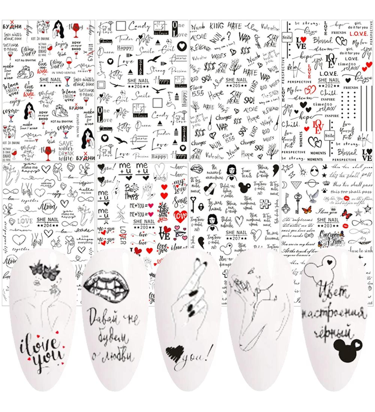 Letter Nail Art Stickers - 3D Self-Adhesive Alphabet Decals for Designer Manicure Tips - 8 Sheets English Letters & Words Design - Nail Decoration for Women & Girls - Buy Online on SooperMarket.com