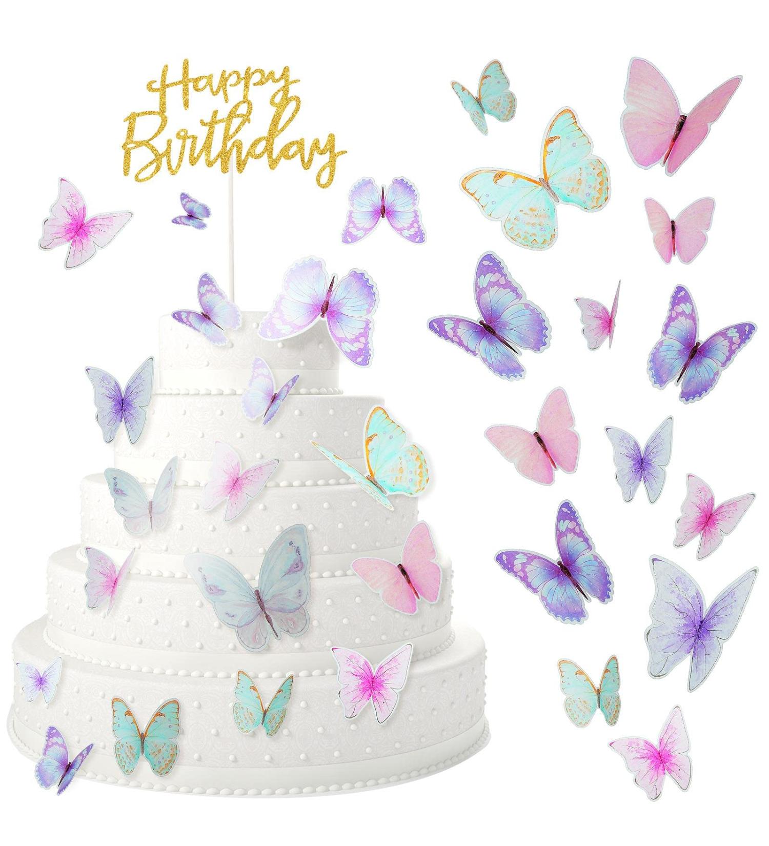 60 Blue Purple Butterfly Cake Toppers with Happy Birthday Topper | 3D Mixed Size Color Decoration Set for Birthday & Wedding Party Supplies - Buy Online on SooperMarket.com