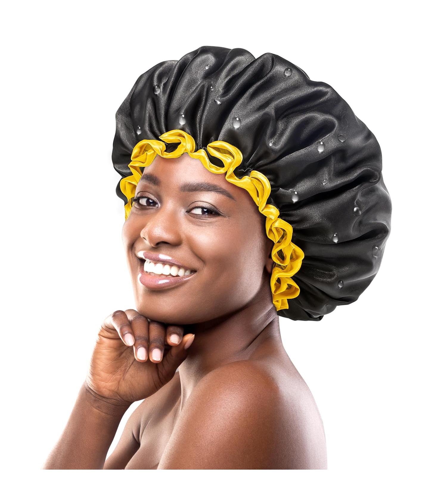 Mikimini XL Waterproof Double-Layer Shower Cap for Women & Men - Black+Yellow - Odorless & Colorfast - High-Quality & Washable - Long Hair Friendly (1 Pack) - Buy Online on SooperMarket.com