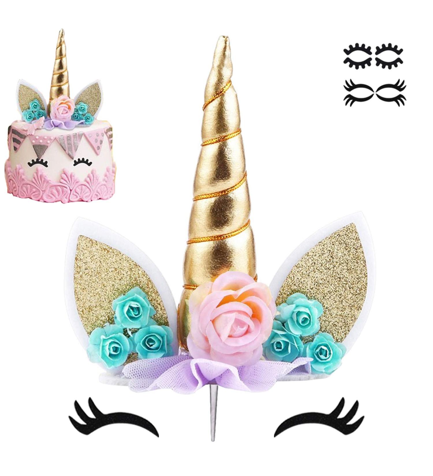 Unicorn Cake Topper Unicorn Birthday Party Supplies Unicorn Birthday Decorations for Girls Unicorn Cake Decoration Unicorn Horn First Birthday Cake Topper Kit with Eyelashes 5.8 Inch Gold - Buy Online on SooperMarket.com