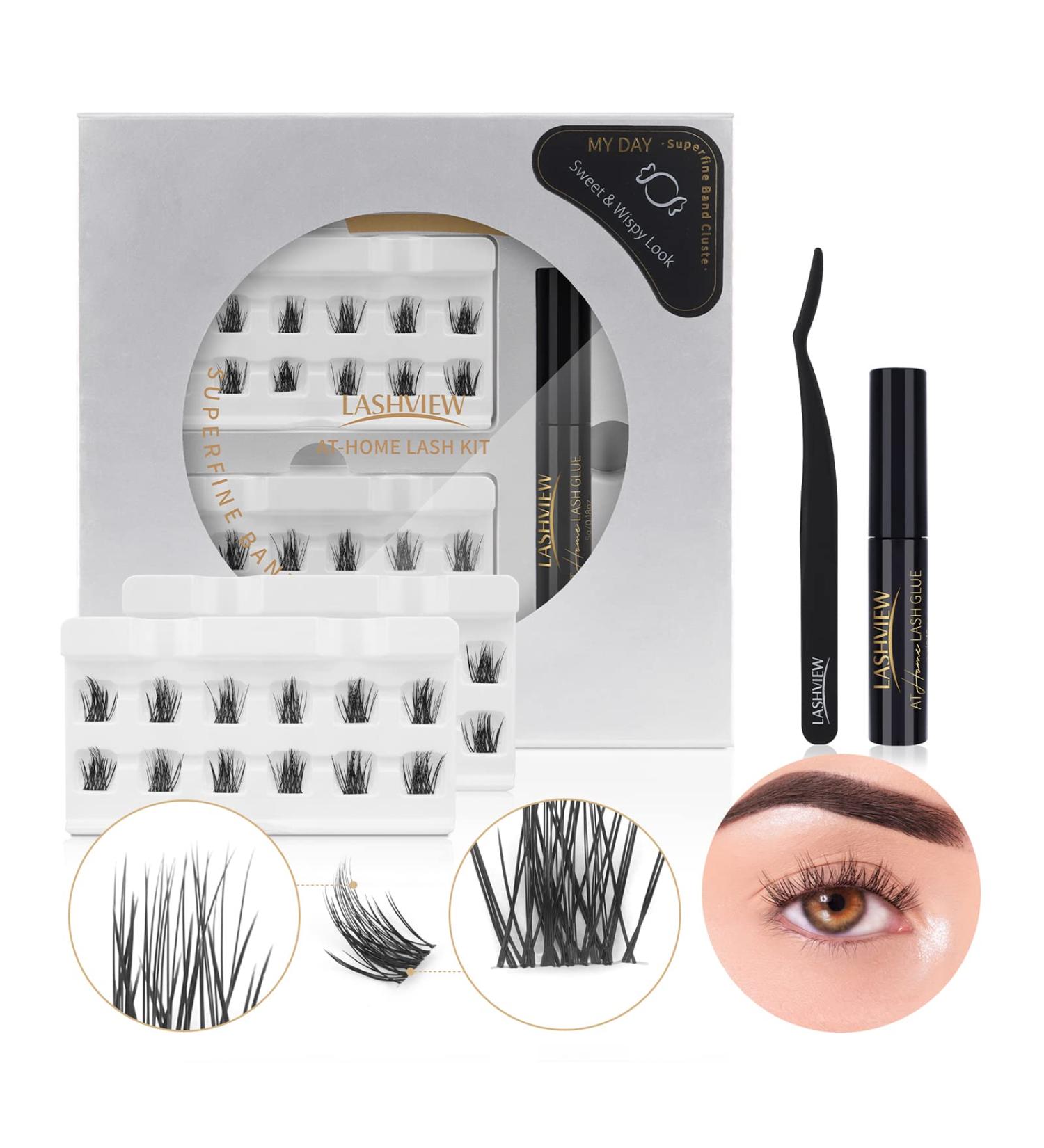 LASHVIEW DIY Eyelash Extension Kit | Natural Pre-cut Cluster Lashes with Glue and Tweezers | Synthetic, Reusable, Featherlight | MY DAY Mix 12/14mm - Buy Online on SooperMarket.com