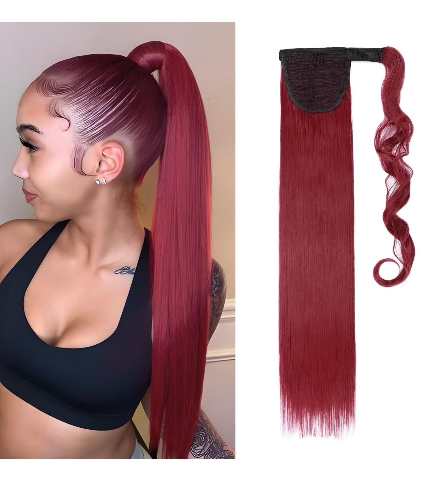 23-inch Dark Red Synthetic Clip-in Ponytail Extension | Straight Hairpiece - Buy Online on SooperMarket.com