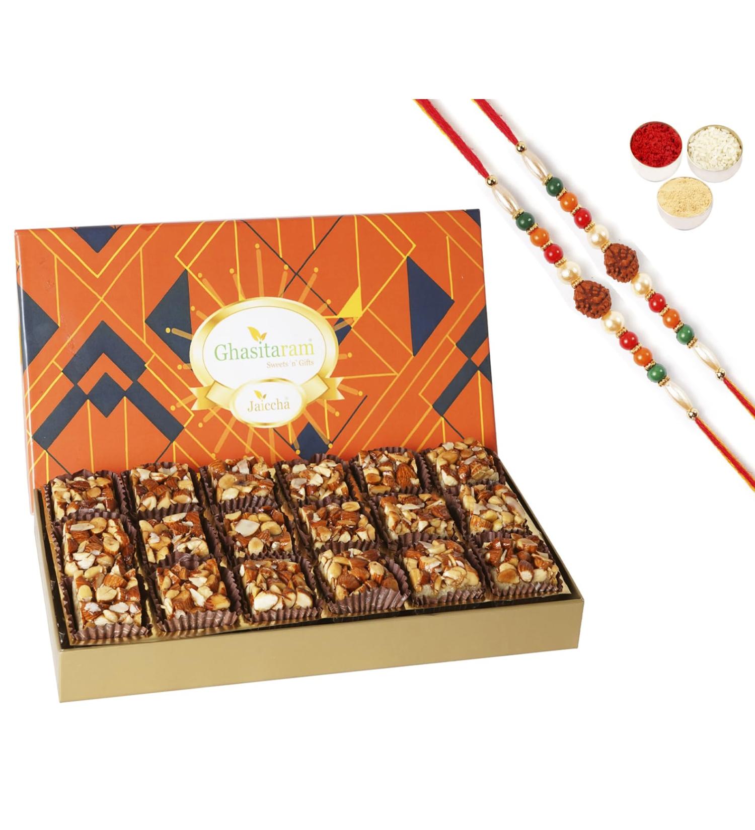 Ghasitaram Gifts Jaiccha Rakhi for Brother Sugarfree Almond Delight in Designer Box 18 pcs with 2 Rudraksh rakhis - Buy Online on SooperMarket.com