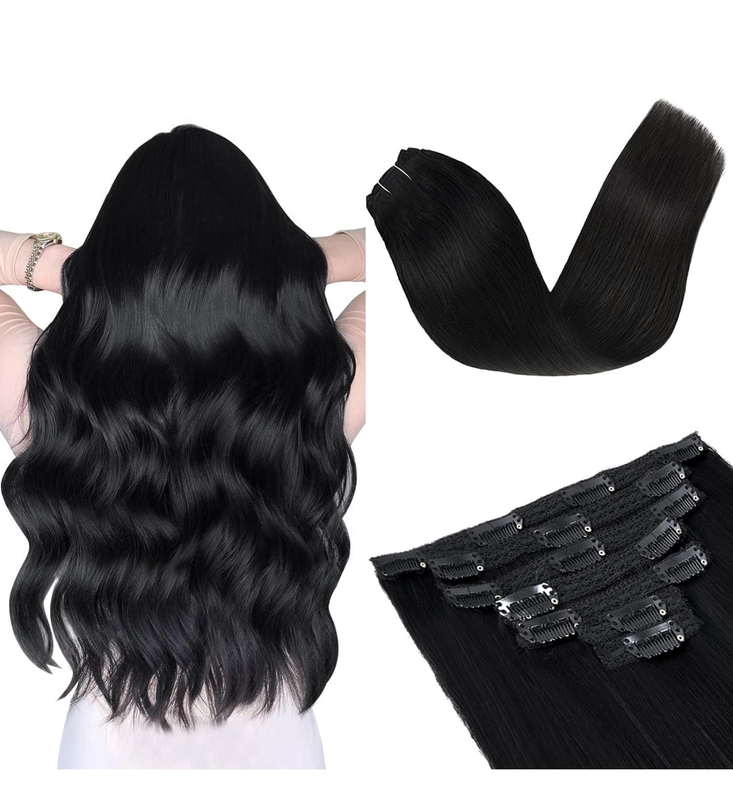 Vlasy 14 Inch Black Clip in Human Hair Extensions - Seamless Natural Hair, Straight Thick Weft - 7 Pieces 70g - Real Human Hair Extensions for Women - Buy Online on SooperMarket.com