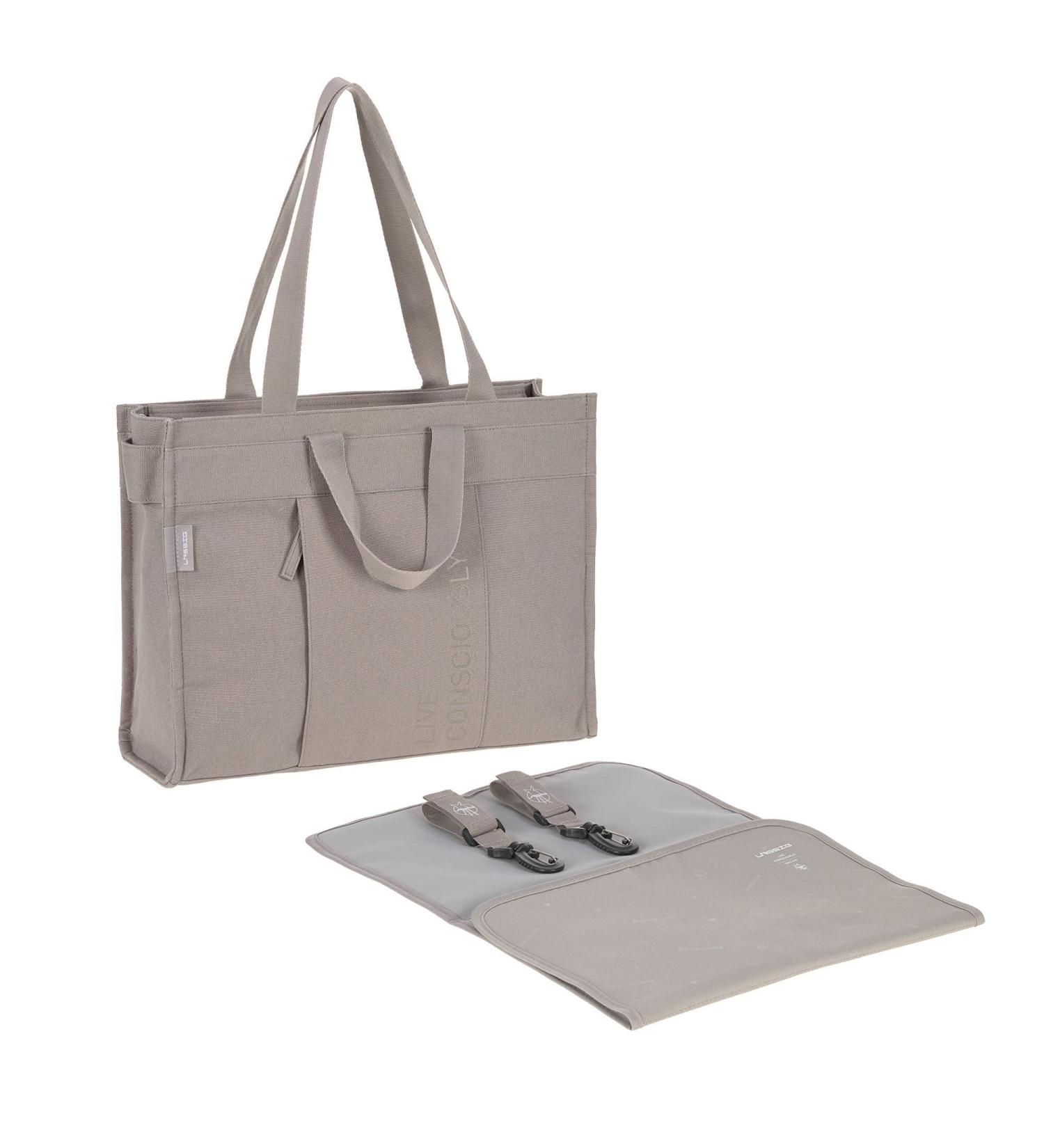 L SSIG Eco-Friendly Baby Changing Bag with Mat & Stroller Attachment - GRE Tote Up Bag in Taupe | Shop Sustainable Baby Gear - Buy Online on SooperMarket.com