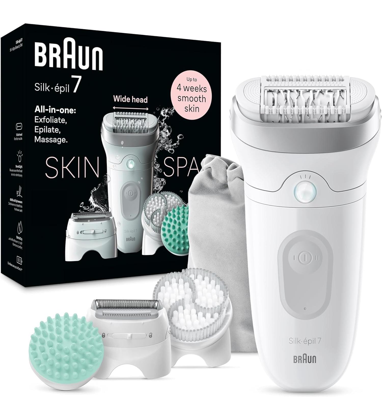 Braun Silk- pil 7 SkinSpa All-in-One Set | Best Epilator & Hair Remover for Women | Long-Lasting Hair Removal & Massage Attachment - White/Silver - Buy Online on SooperMarket.com