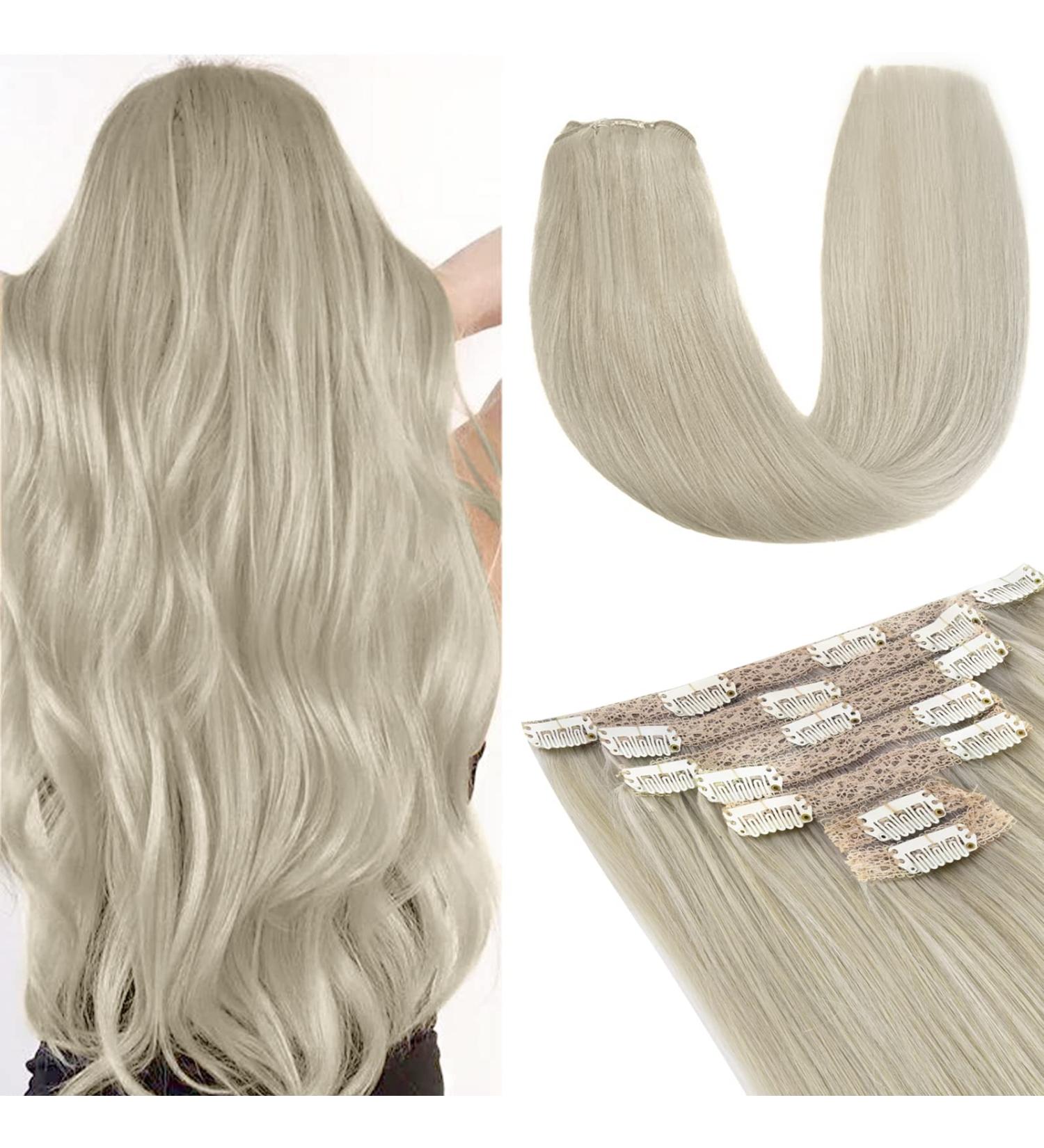 Vlasy Clip in Hair Extensions- 100% Human Hair, Seamless Straight, Natural Grey, 7 Pieces, 16 Inch, 80g - Women's Thick Weft Clip in Extensions - Buy Online on SooperMarket.com
