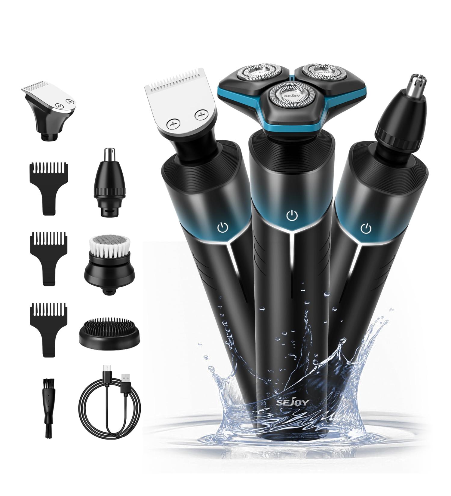 5-in-1 Electric Rotary Shaver for Men - IPX7 Waterproof, Rechargeable Cordless Razor for Shaving Beard, Body, and Pubic Hair - Blue - Buy Online on SooperMarket.com