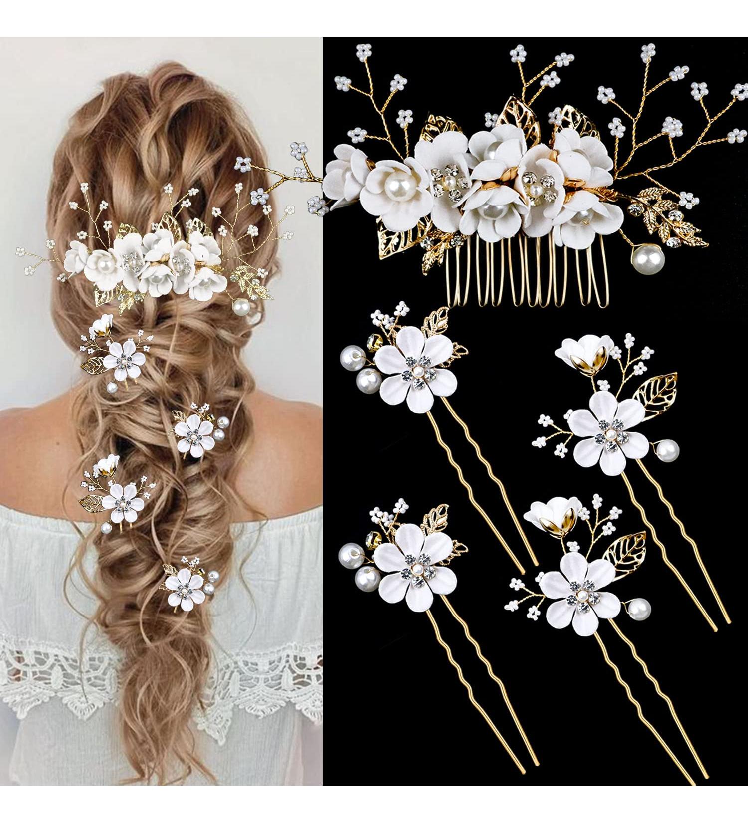 Bridal Flower Wedding Hair Pins - Crystal Pearl Clips Headpiece for Brides - Gold Hair Accessories with Rhinestone - Pure White Flower - 5 Count - Buy Online on SooperMarket.com