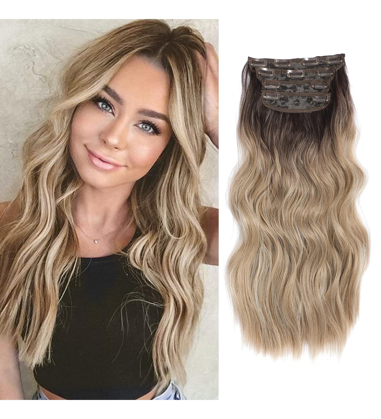 4Pcs Ombre Dirty Blonde Clip in Hair Extensions - 20Inch Full Head Curly Wavy Synthetic Hair - Buy Online on SooperMarket.com