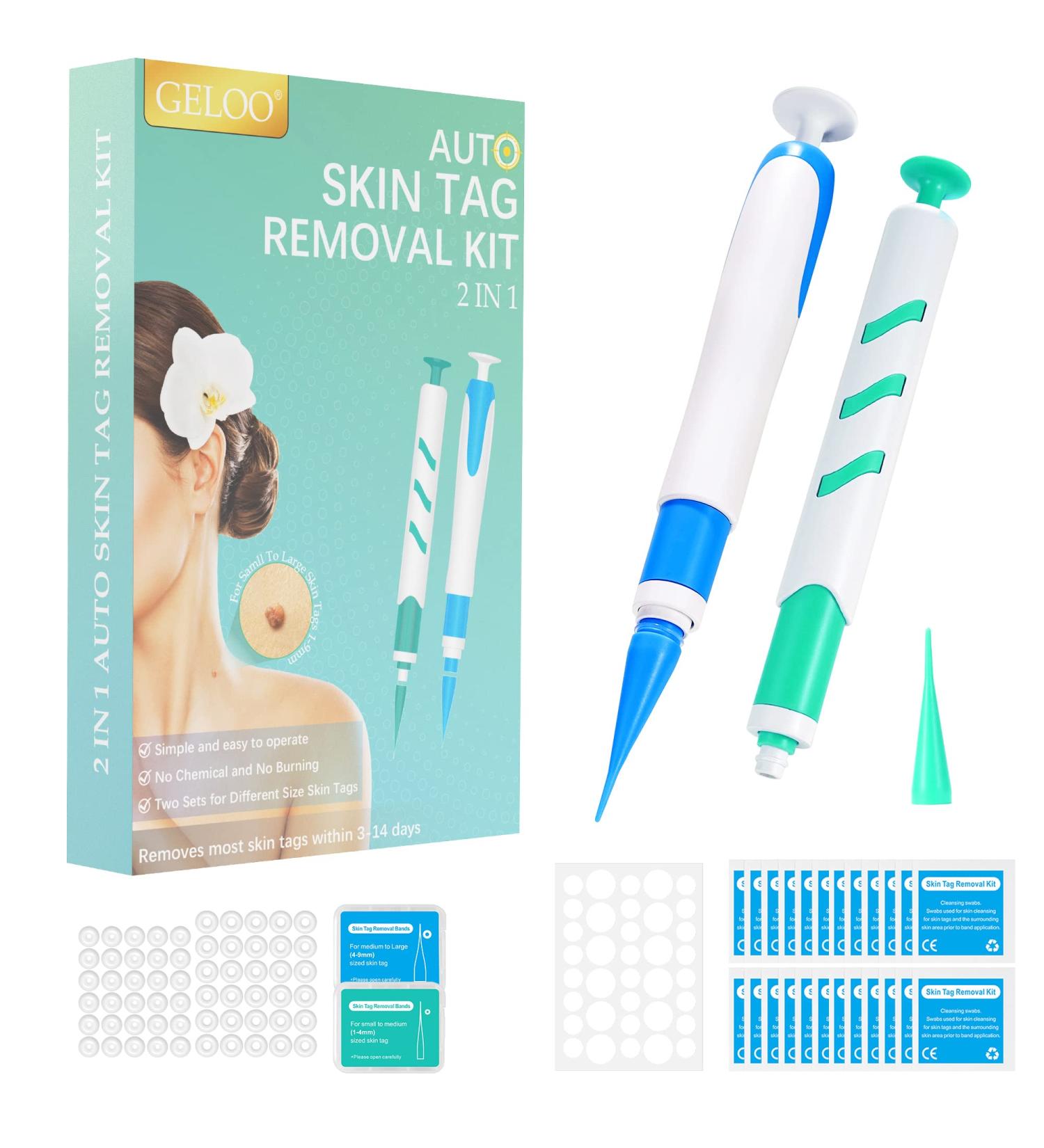 New Version Auto Skin Tag Remover Kit 2-Set Painless Skin Tag Removal Kit Tools for (1-9mm) Skin Tags (includes 100 Removal Bands & 36 Repair Patches & 20 Pcs Cleansing Wipes) Blue Green 2pcs Kit - Buy Online on SooperMarket.com