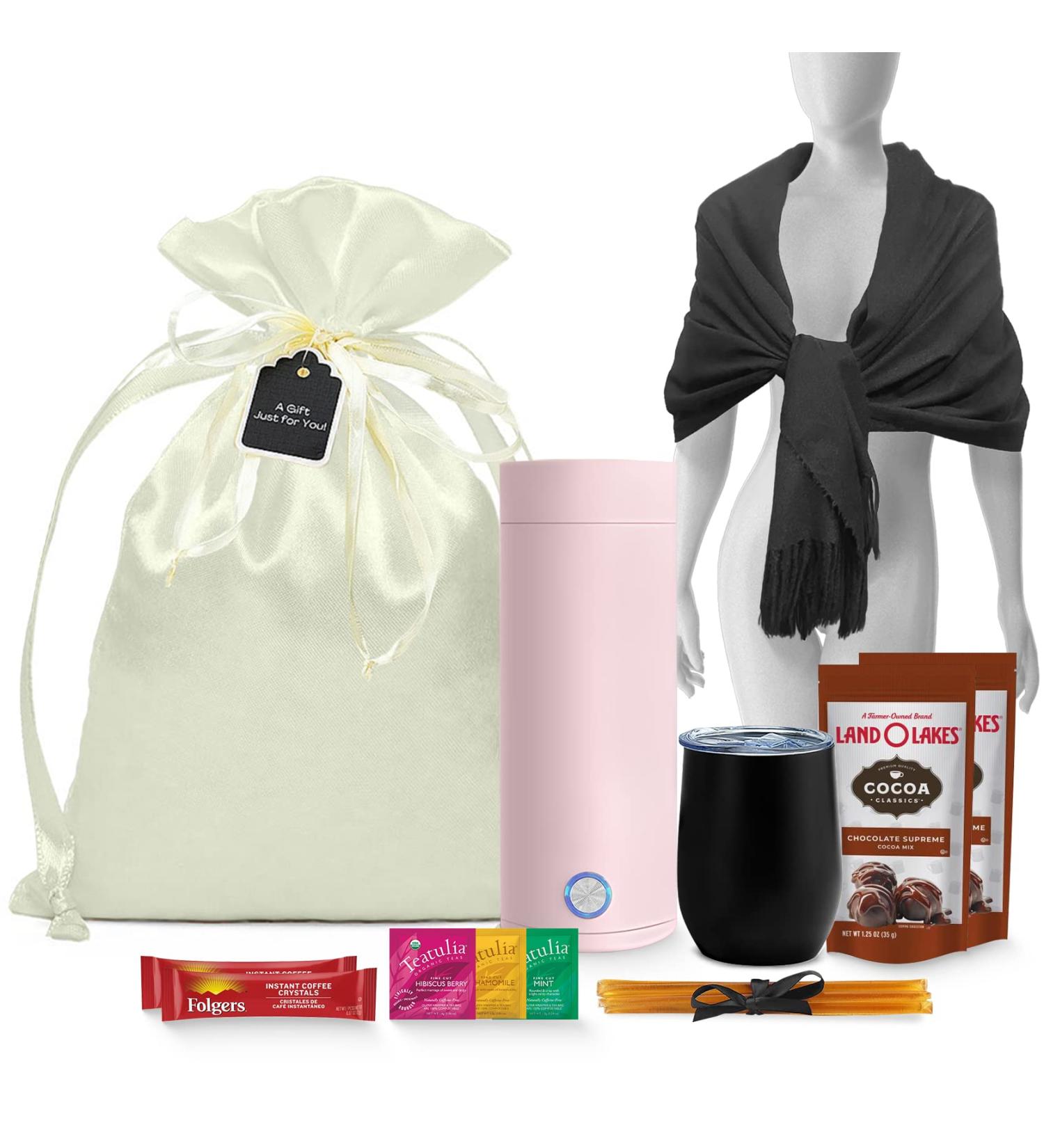 Women's Gift Set: Portable Kettle, Organic Tea, Honey, Hot Cocoa, Coffee, Pashmina Shawl | Birthday Basket for Friendship, Self-Care, Teacher, Mom - Buy Online on SooperMarket.com