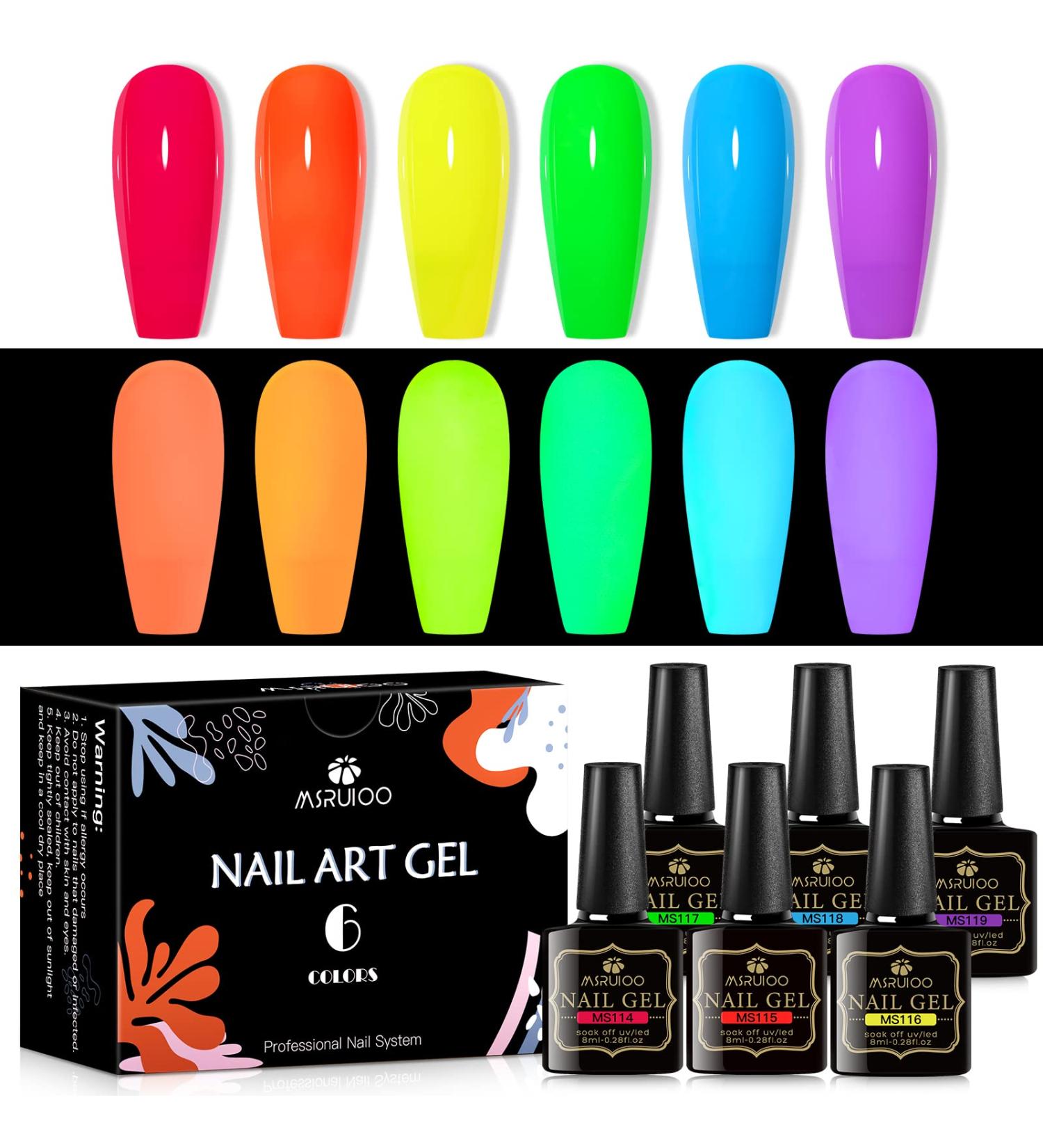 MSRUIOO Glow in the Dark Gel Nail Polish Set - 6 Luminous Neon Colors for DIY Nail Art | Fluorescent Gel Polish with Glow Effect | Soak Off UV Gel Polish - Buy Online on SooperMarket.com