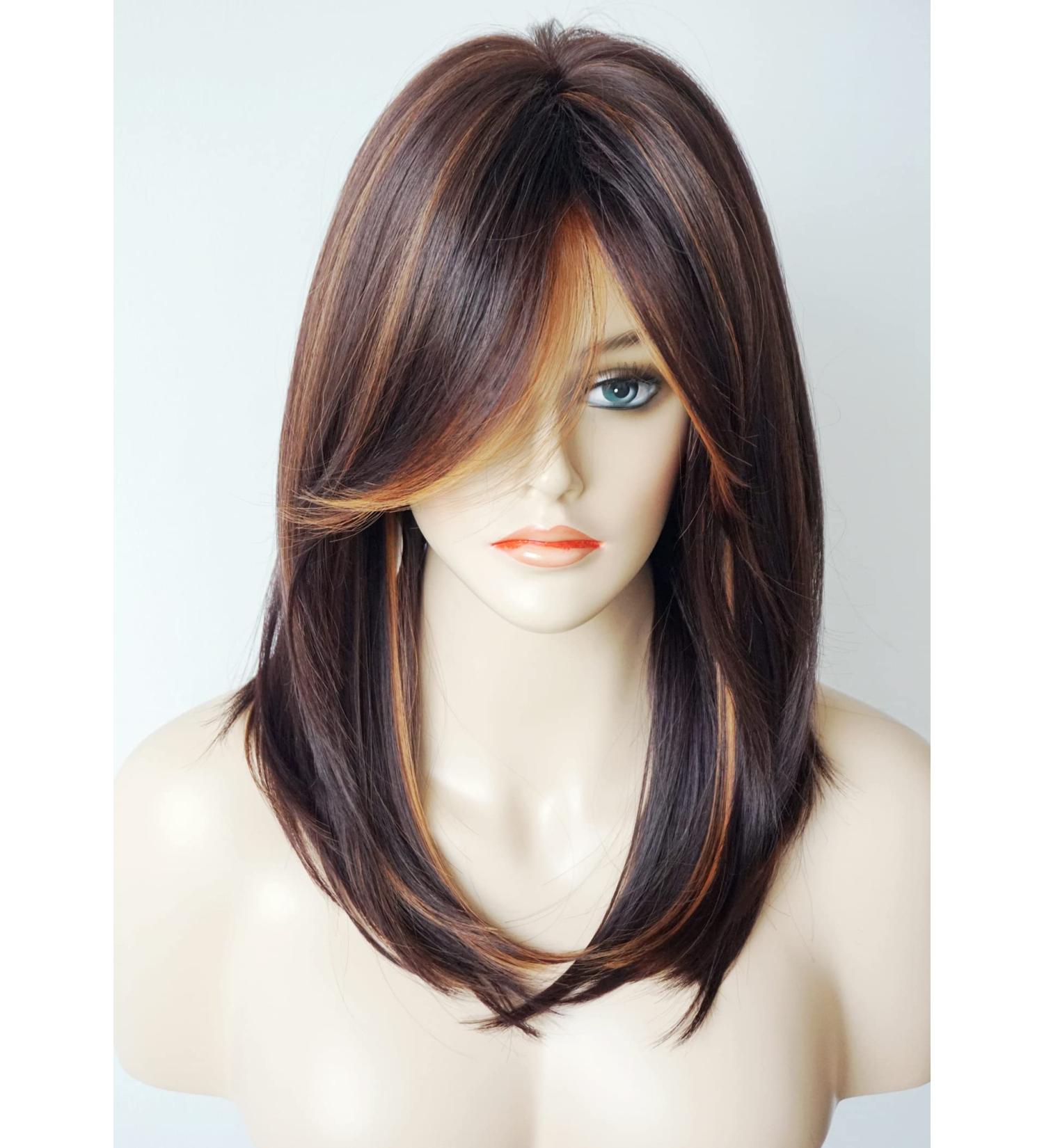 Medium Length Layered Synthetic Wig for White Women - Light Brown with Camel Highlights and Bangs - Buy Online on SooperMarket.com