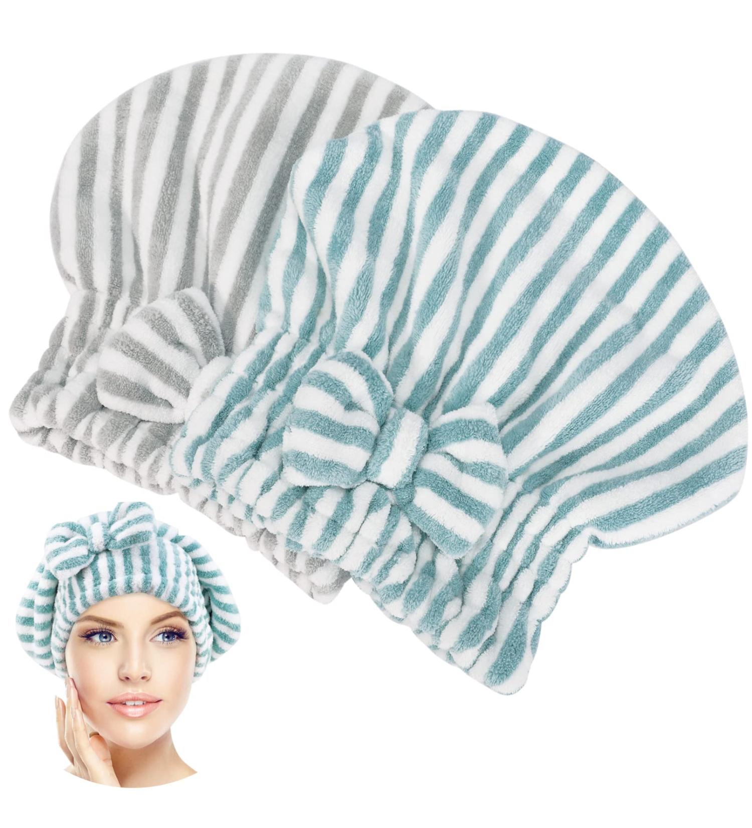 2-Pack Microfiber Hair Towel Caps with Bow-Knot for Fast Drying - Blue, Gray, and White - Soft & Absorbent Hair Drying Caps for Women - Buy Online on SooperMarket.com