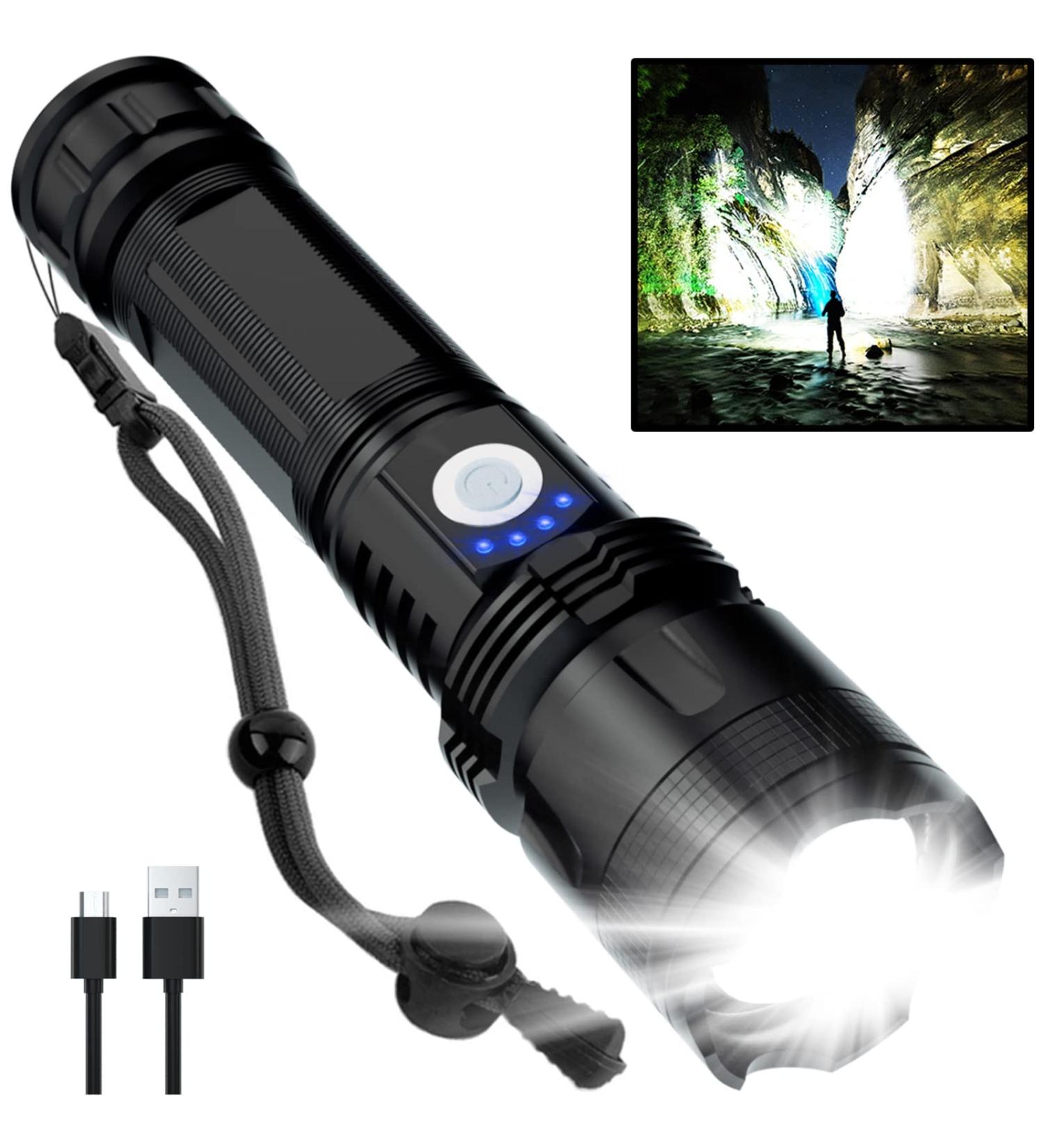 BERCOL Rechargeable LED Flashlight | 100000 Lumens Super Bright | Waterproof and 5 Modes | Ideal for Emergencies and Hiking | Black - Buy Online on SooperMarket.com